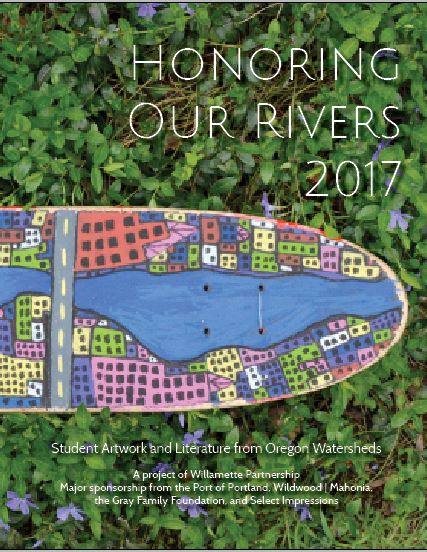 Sneak peak of the cover of the 2017 Honoring Our Rivers Student Anthology . Cover art: "Portland River Skate," Oliver Opsahl, Grade 4. 