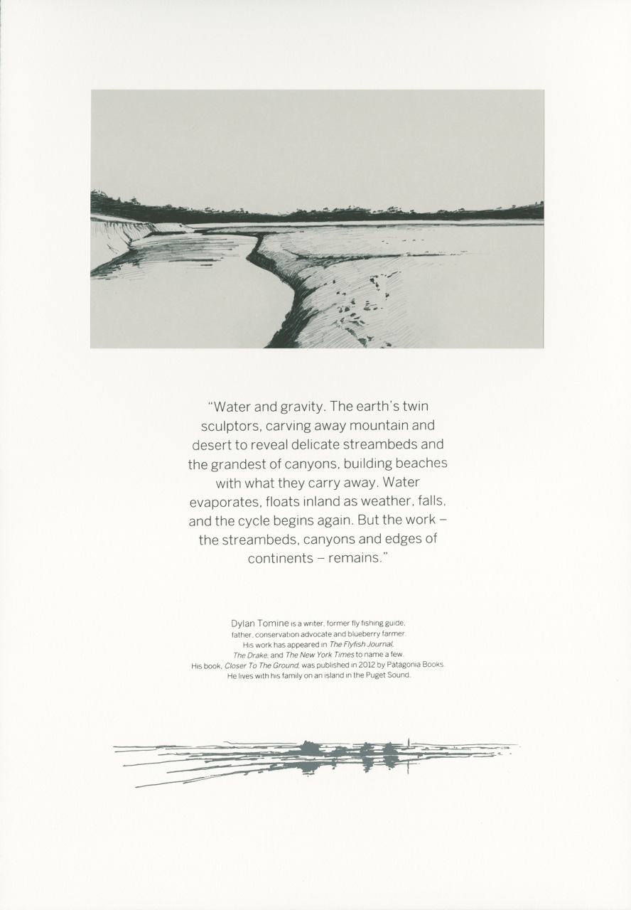 Hand printed folio using silkscreen and intaglio printmaking techniques, water-based ink. Quote by Dylan Tomine. Printed with permission on page 64 in Honoring Our Rivers Issue 18.