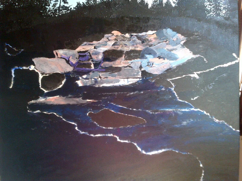 Rattling Brook Falls is a beautiful setting in Newfoundland, near Mount Carmel. It took a few hours to do the preliminaries for this particular subject, because I knew I wasn't able to return once we left it. It started the same way as other canvases, with the basic drawing, then finish the sky, and here you see I have done all the rest of the painting in a mixture of lamp black, alizarin crimson and prussian blue. Cerulean blue, flesh tone and davey's grey is lightly starting to drape over the rock formations.