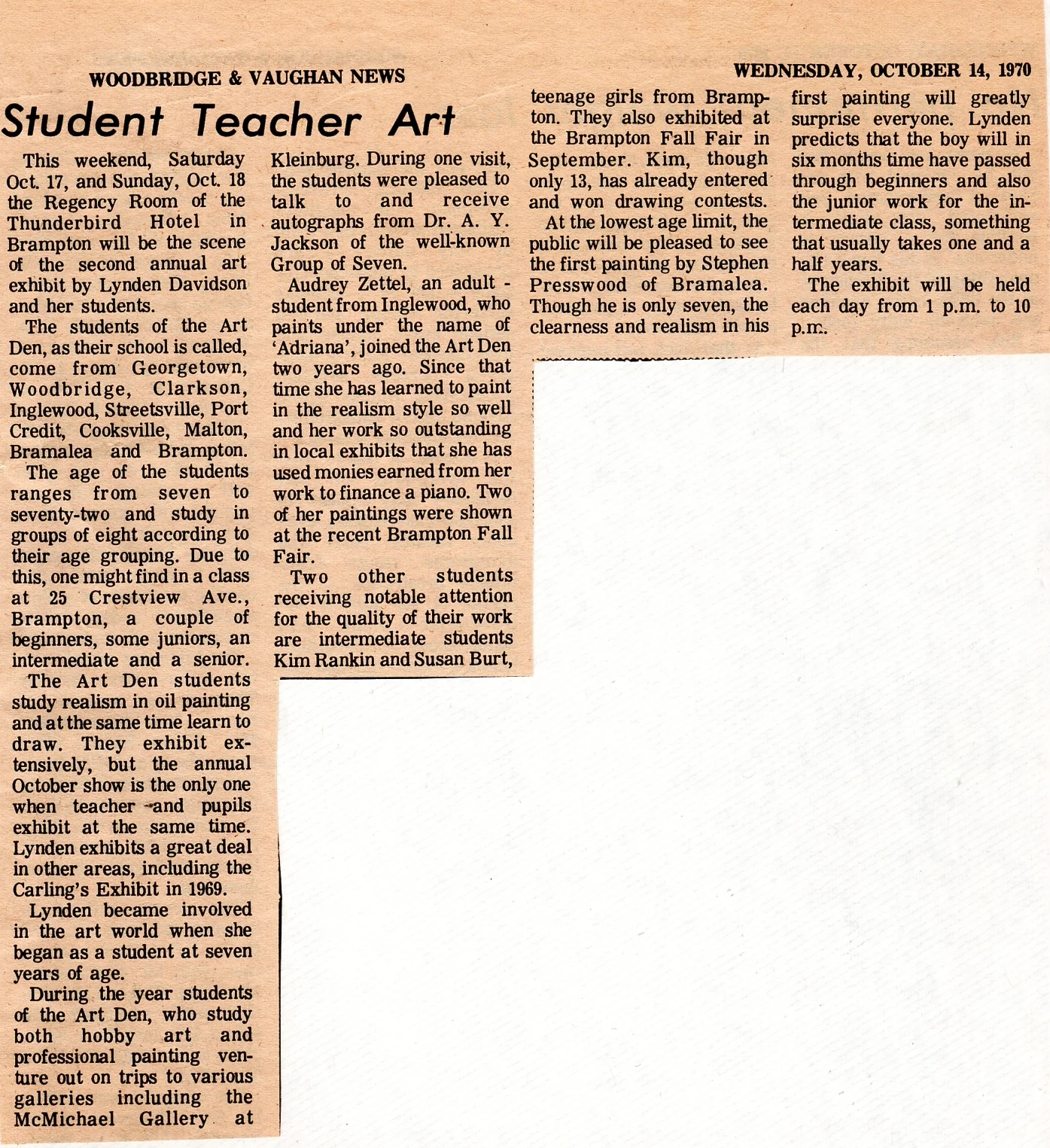 Published October 14, 1970 in the Woodbridge & Vaughan News. I was a teenager back then teaching students how to paint , and proudly had the students exhibit their work once a year because it gave them the experience of showing their artwork to the public.
