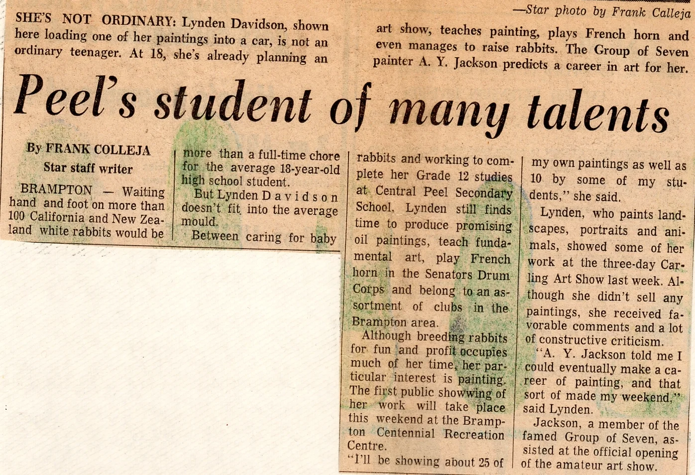 Published in the Toronto Daily Star , Thursday ,September 11, 1969. I was just a teen then, and preparing to show my artwork in an exhibition. I became friends with A.Y. Jackson and visited him several times at his home at the McMichael Centre before he passed away.