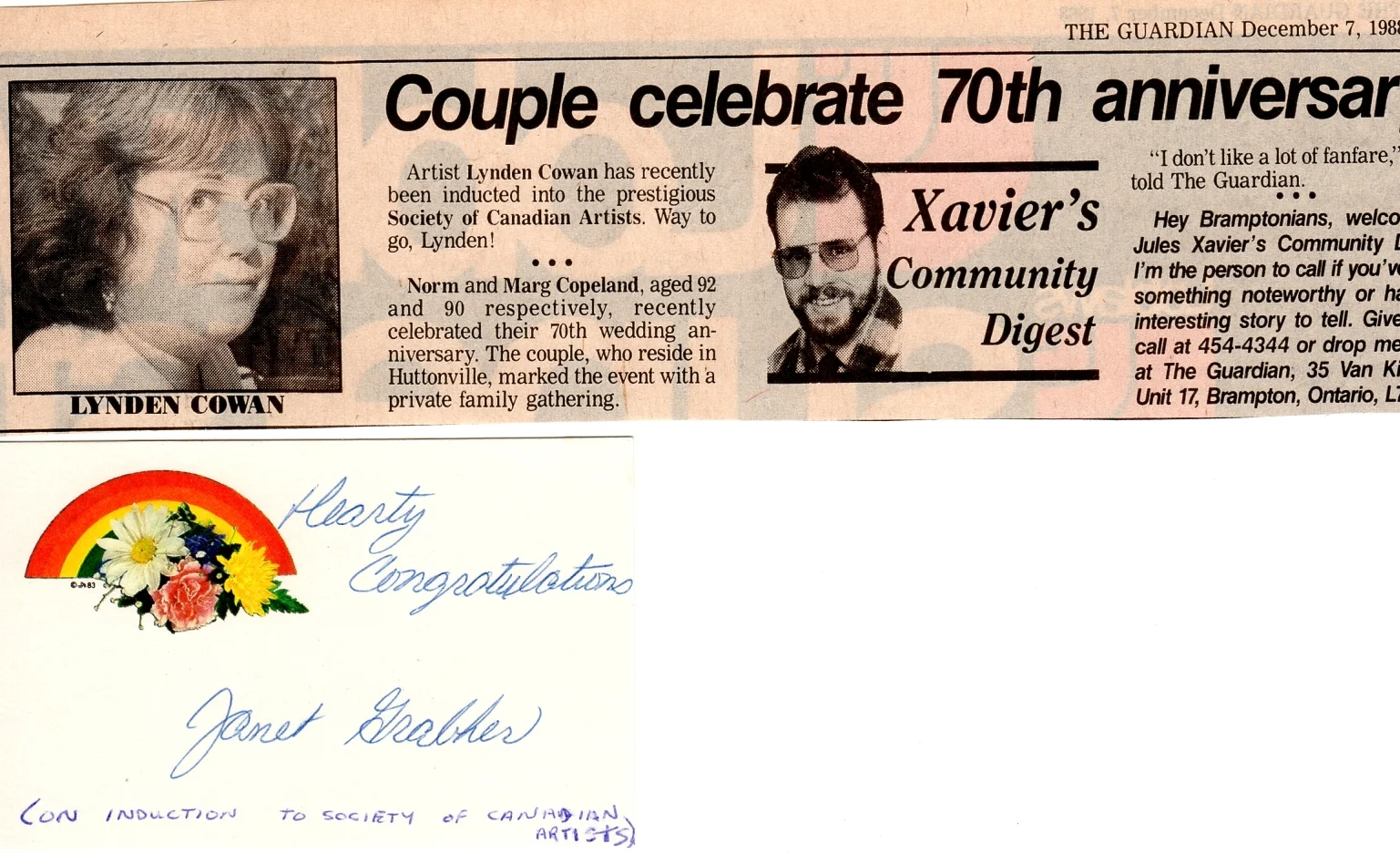 Published in The Guardian, December 7, 1988. I was thrilled to be a part of the Society of Canadian Artists for a number of years, but unfortunately let the membership lapse due to time constraints. Plan to try and become an active member again.