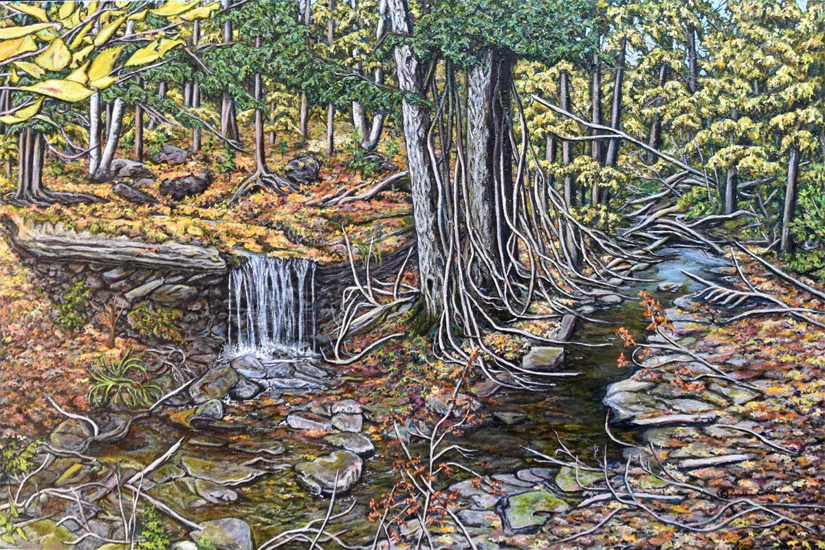Miners Bay is a 24 by 36 inch oil painting on canvas, completed August 1st, 2018. This scene is located 10 km south of Minden, Ontario, about 30 yards in to the woods.