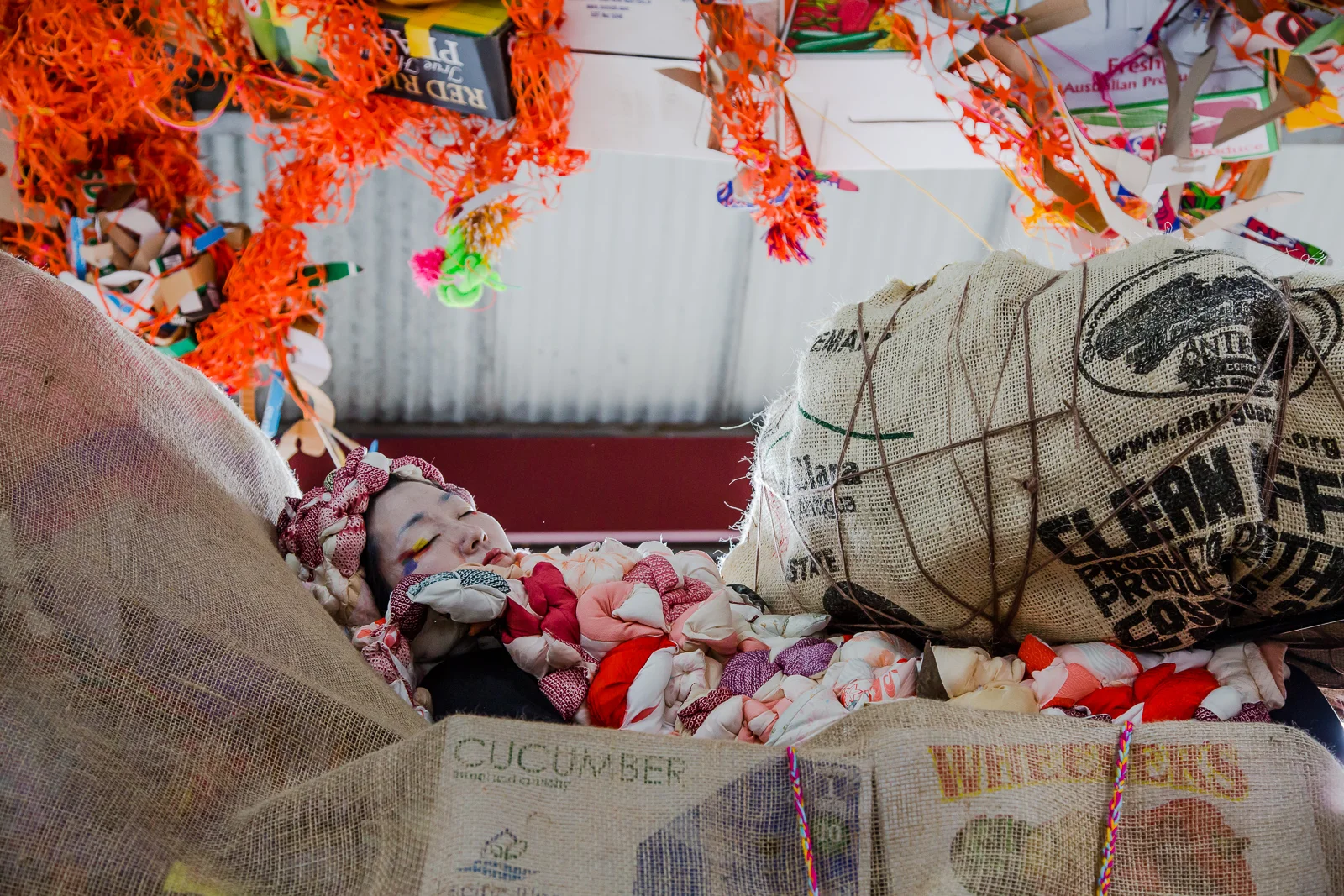 Hiromi Tango performing inside her artwork, Wrapped . Photo by Bryony Jackson.