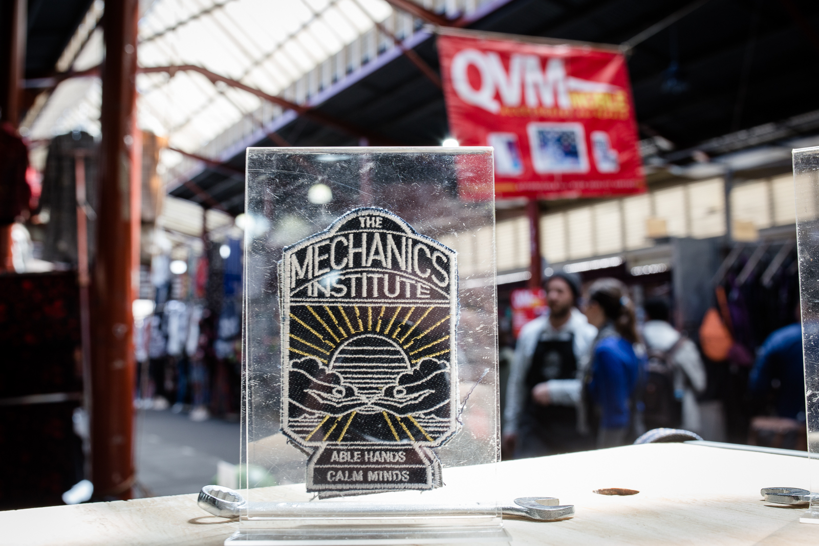 The Mechanics Institute's patch sitting on their counter as part of Trade School . Photo by Bryony Jackson.