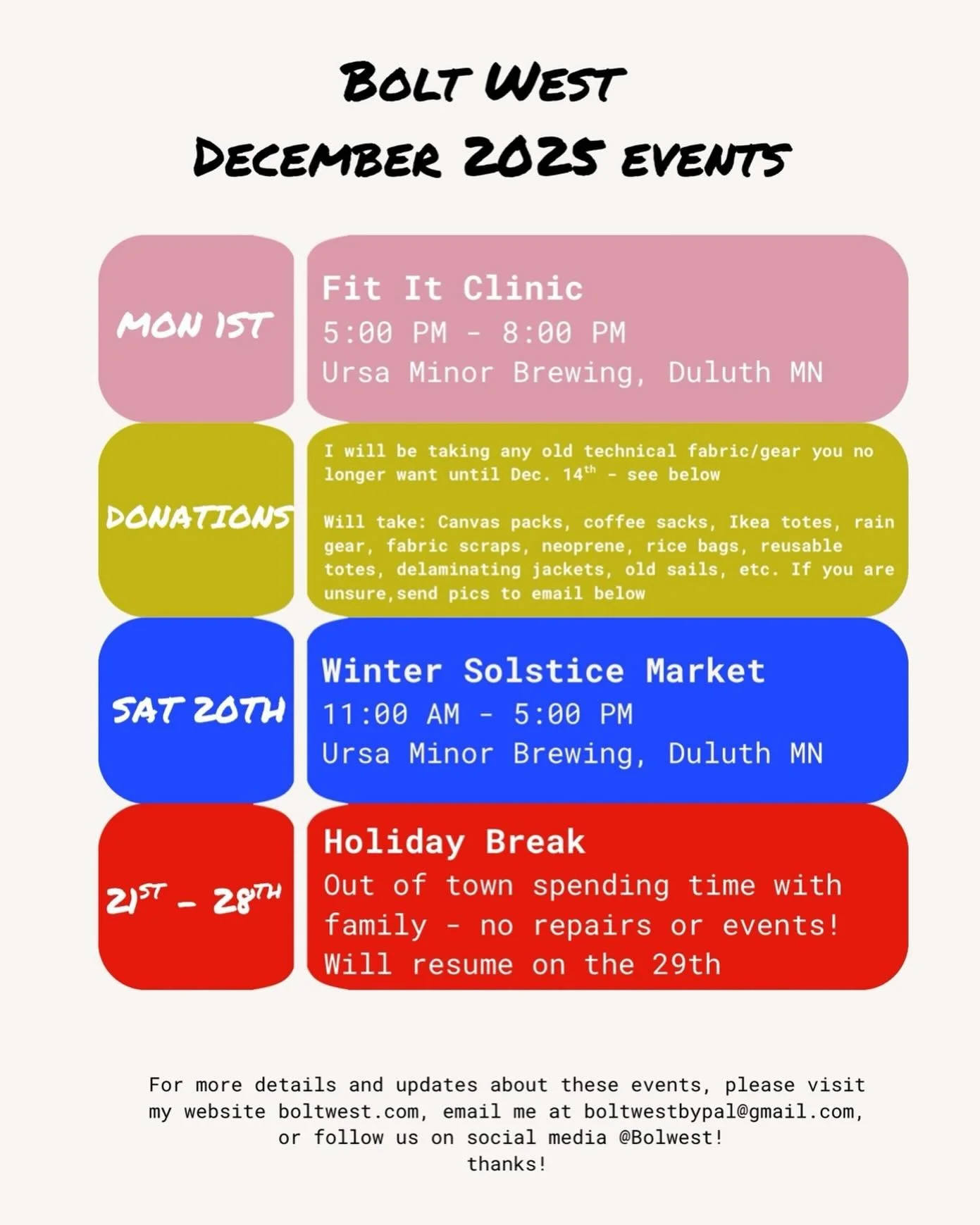 One more event for the year! I&rsquo;ll be selling anything that is left of bags and travel accessories so I can focus on repairs and up-cycled goods! I&rsquo;ll have a lot of smaller stocking stuffers for ya and leather goods! #boltwet #boltwestrepa