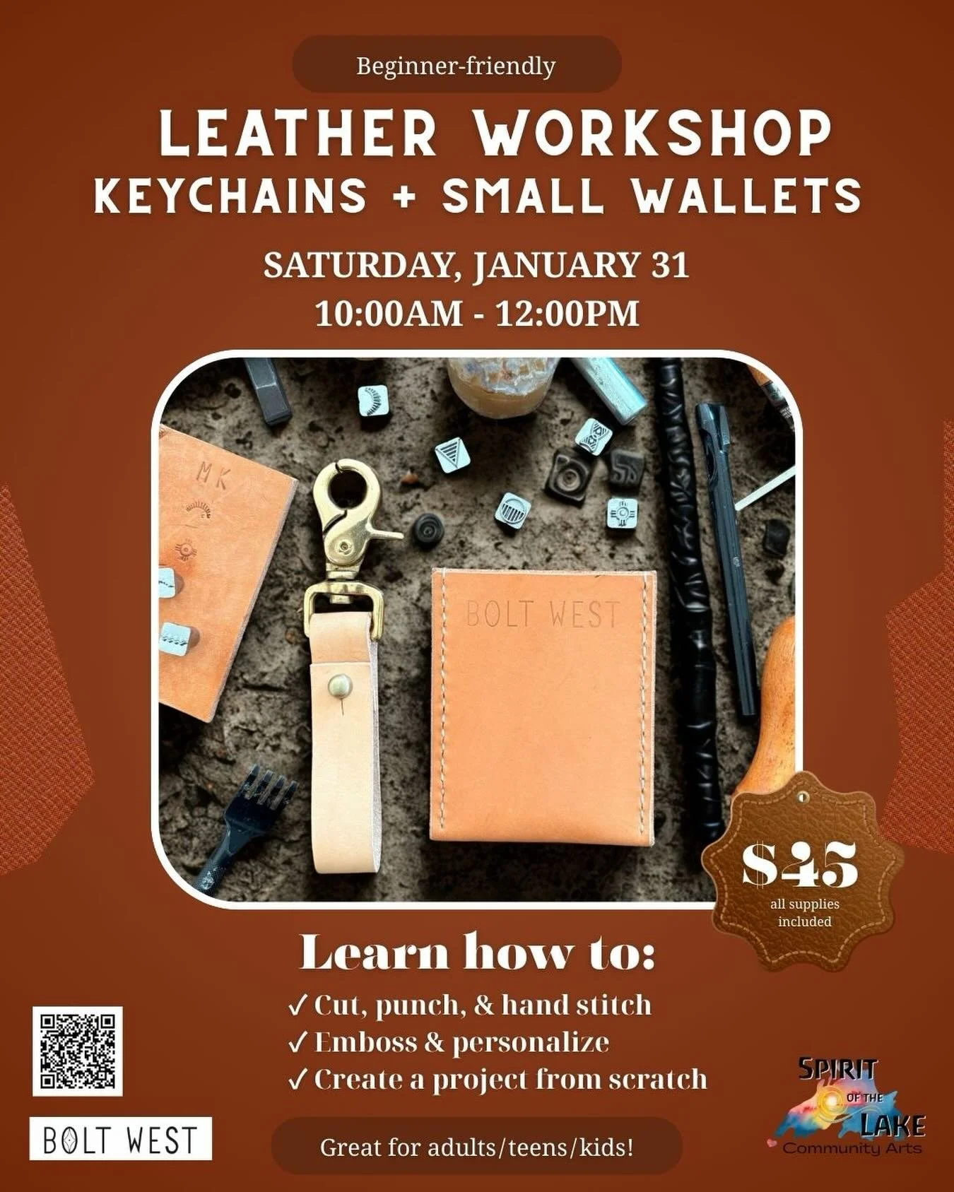 January 31st I will be teaching a basic leather class! You can choose a key chain or simple card wallet. Link in bio for class registration and more information #boltwest #leatherclass #diywallet #diykeychain