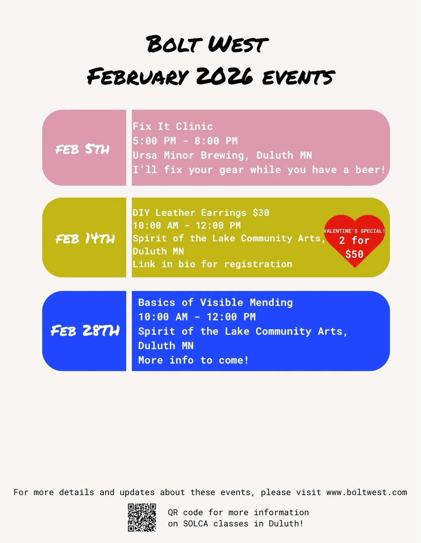 February events coming up! Click on link in bio for the valentines DIY leather earring class! Hope to see you then!
