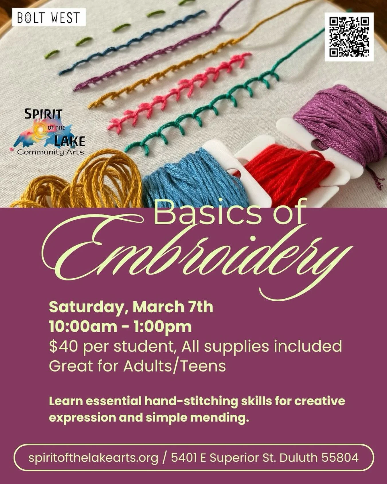 This Saturday come learn basic decorative embroidery at @spiritofthelakearts from 10-1pm. Registration info and more details in link in bio!