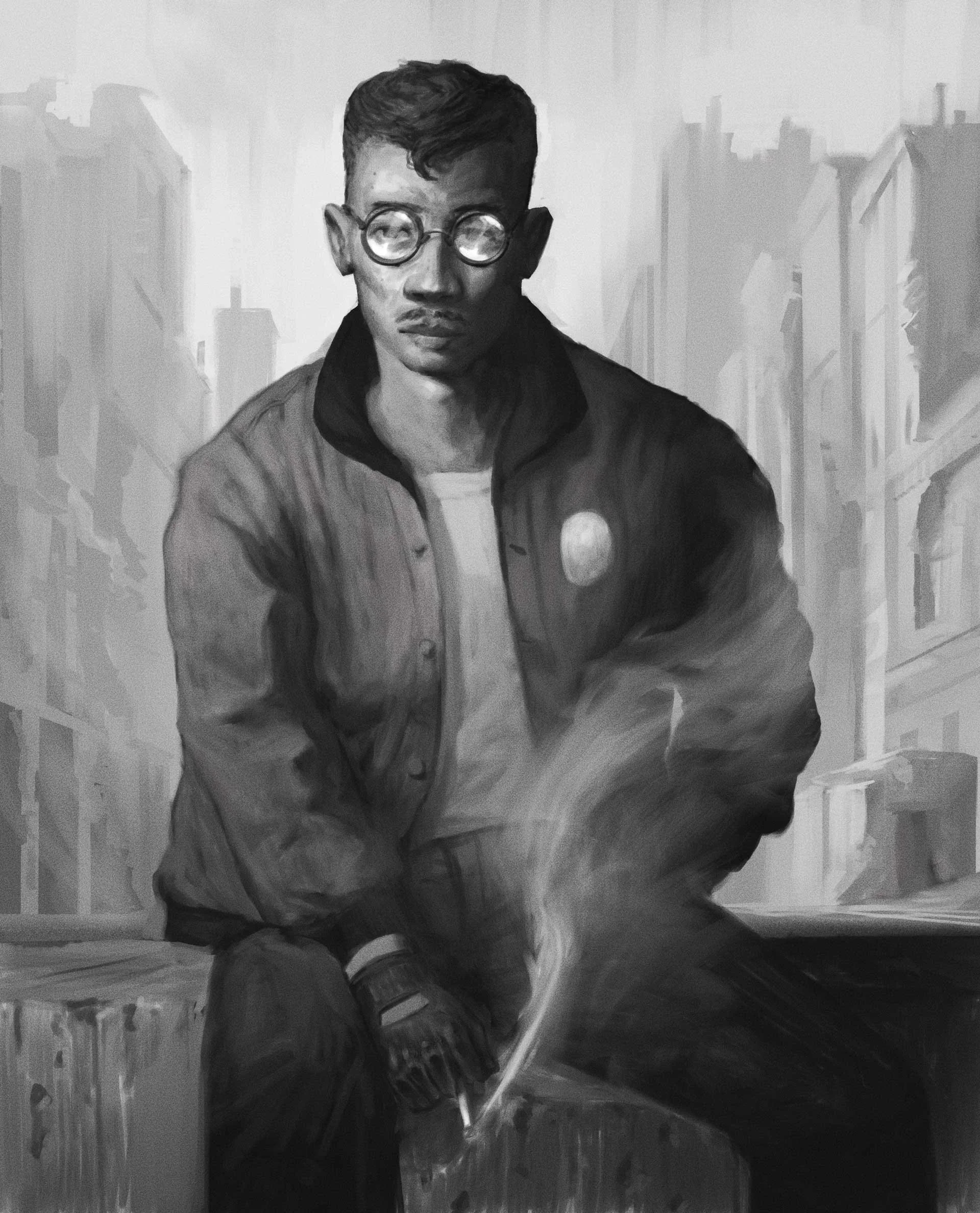 disco elysium kim kitsuragi character art from video game in black and white noir style