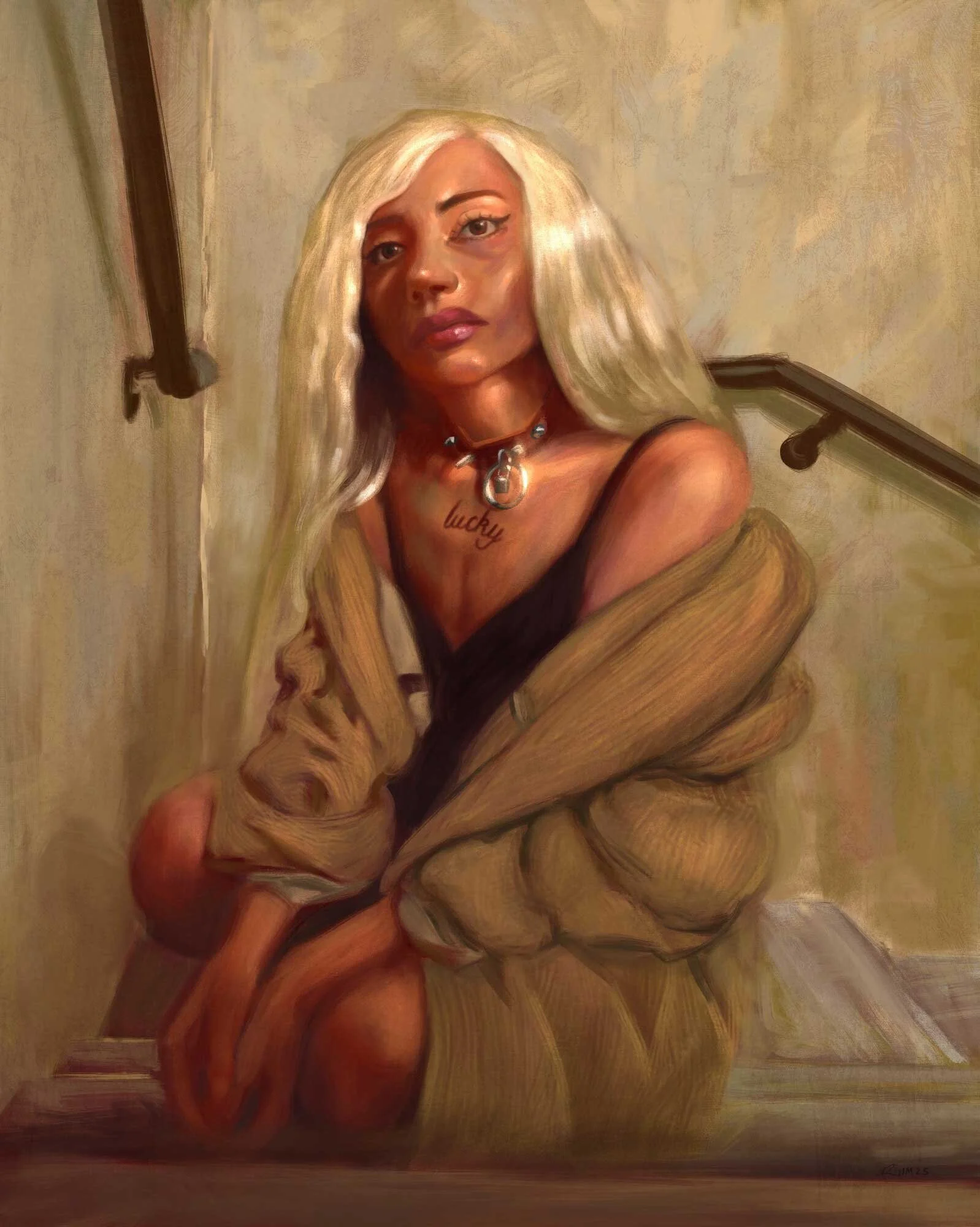 women crouching in stairwell with platinum blonde hair in stylised digital portrait