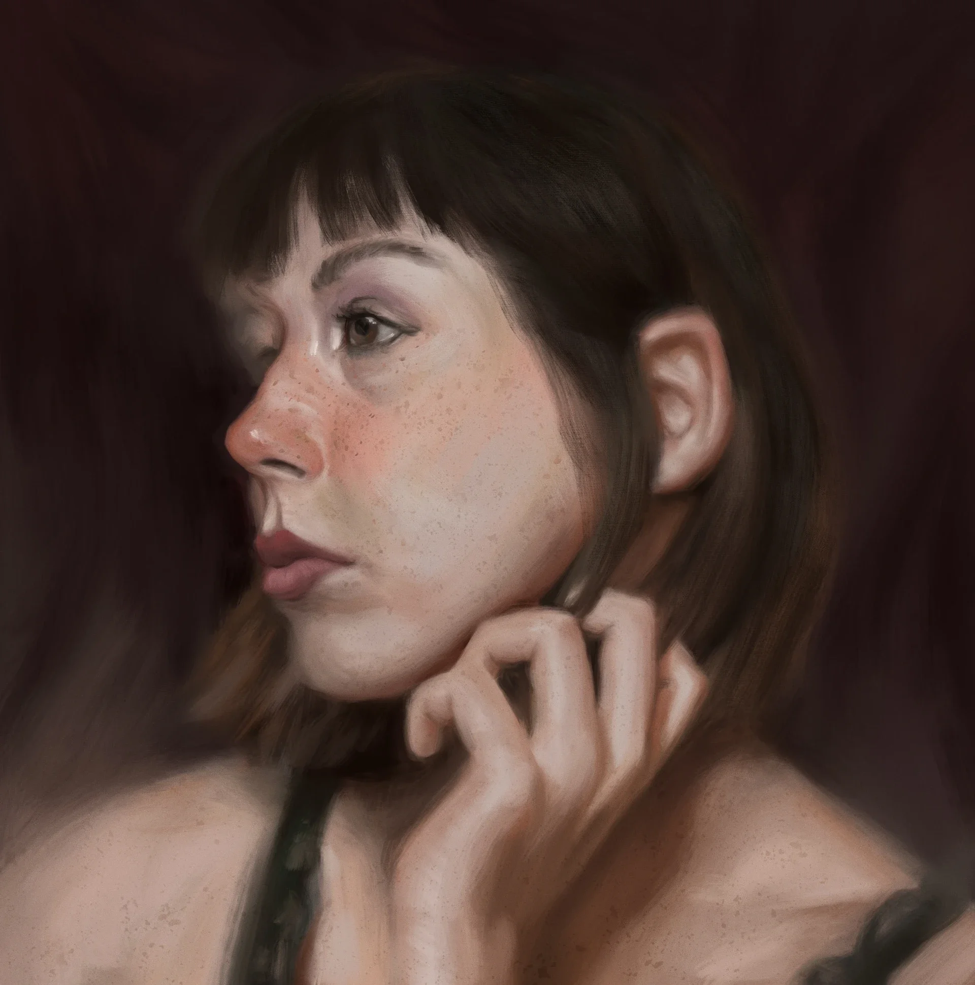 A digital painting of a woman with light skin, short brown hair, and freckles, touching her neck with her hand, against a dark background.