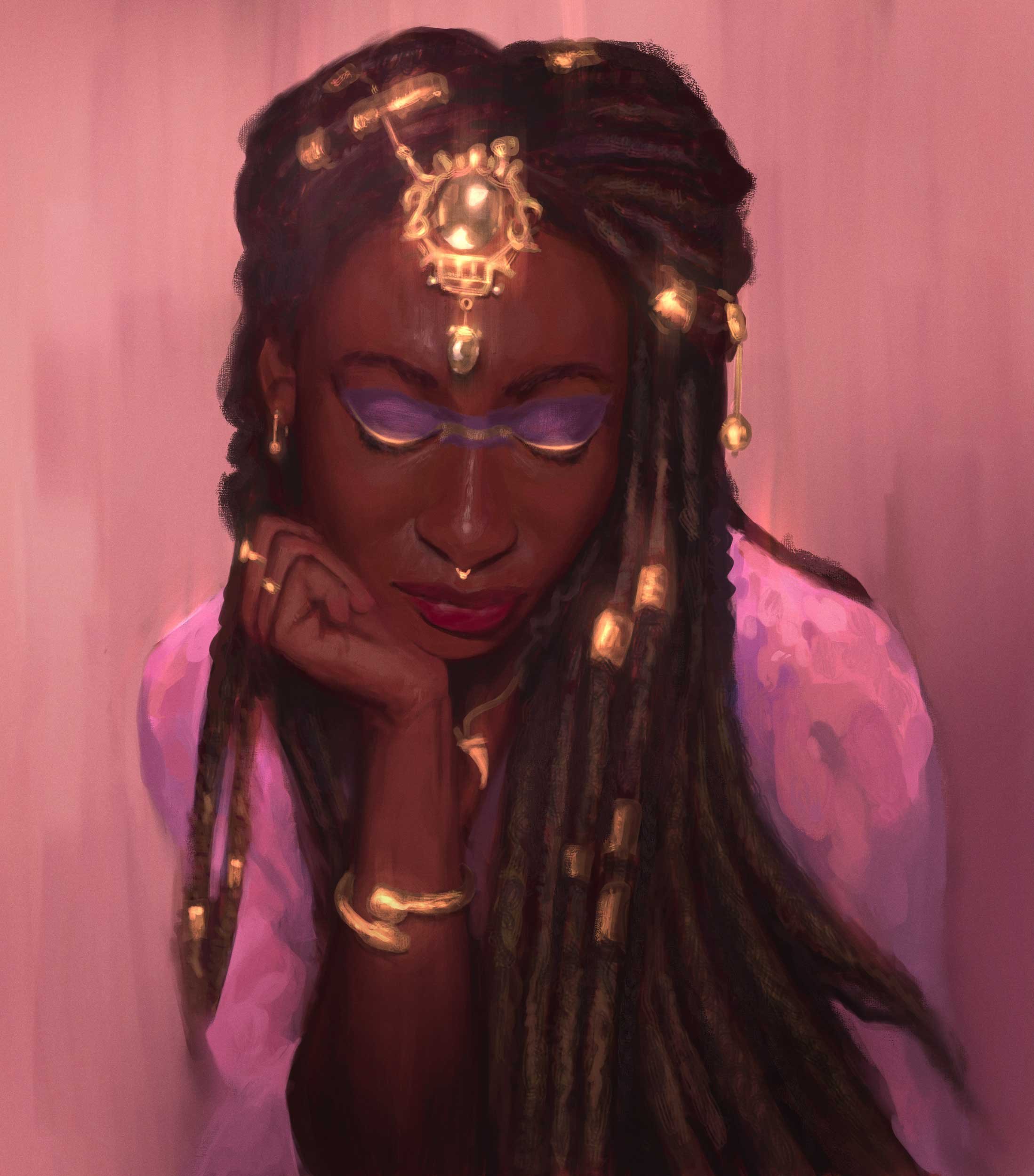 black women with golden jewellery and dreadlocks