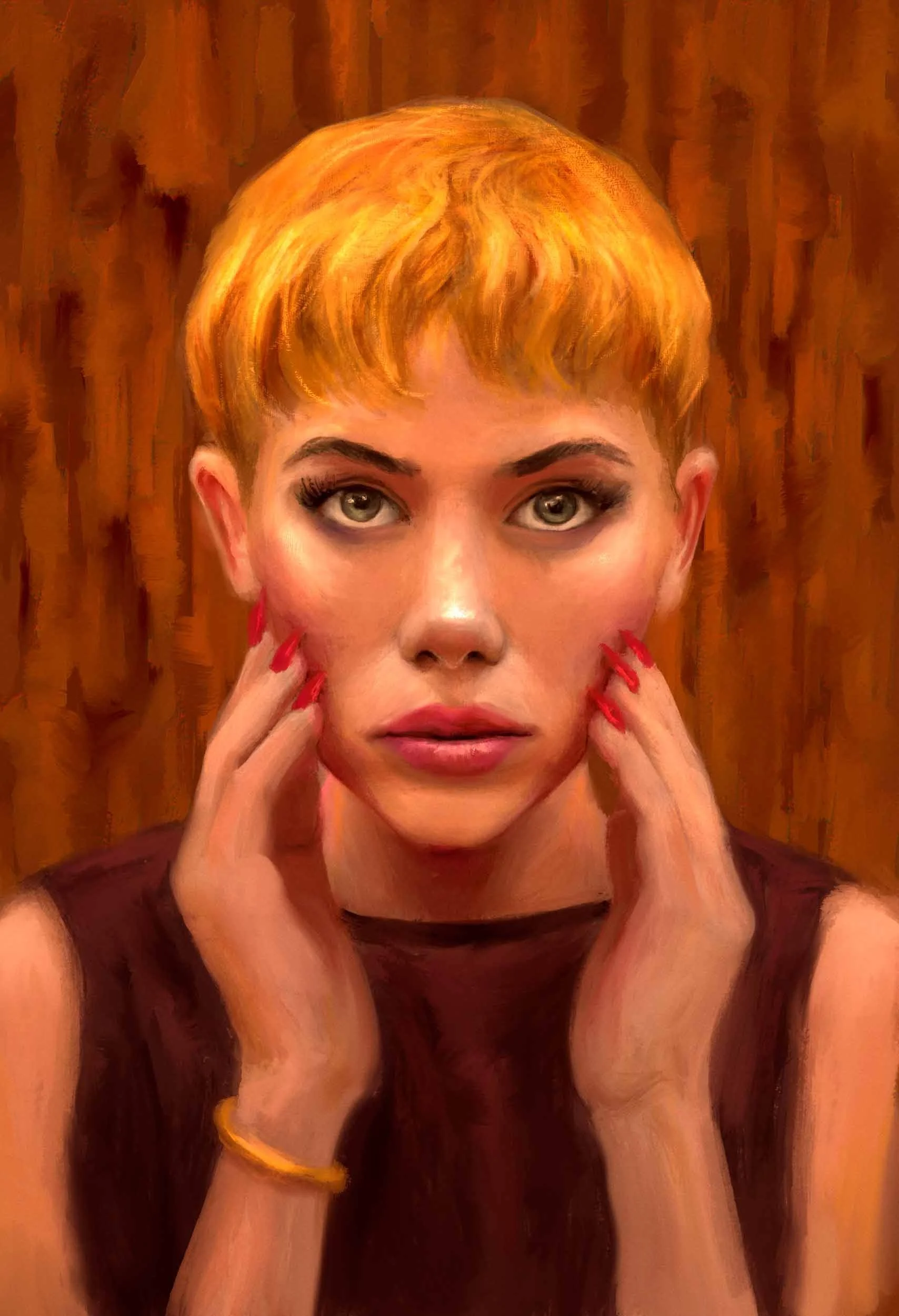 Bright analogous portrait of women in stylised digital paint with bright hair