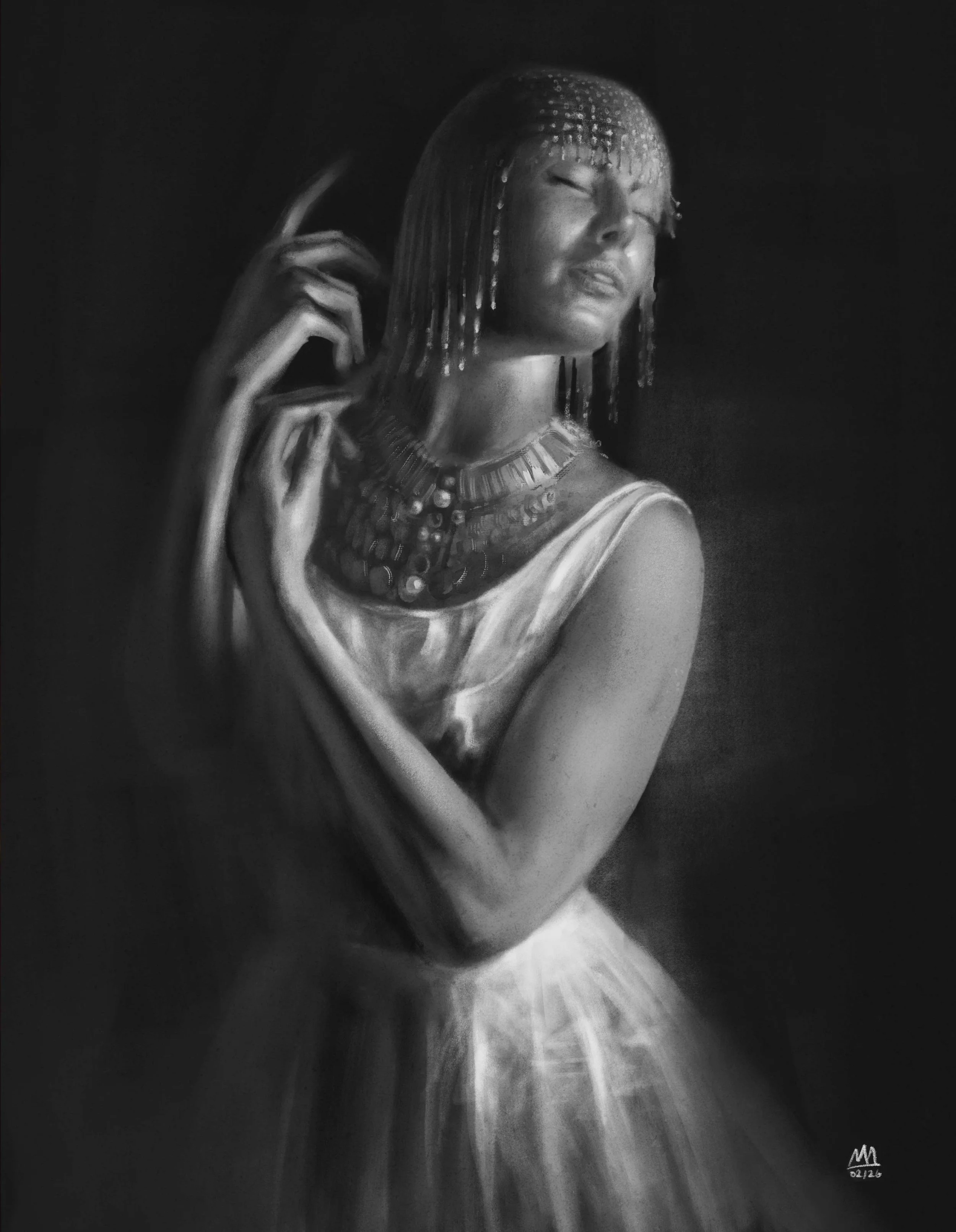 Black and white portrait of a woman with straight hair, wearing a sleeveless dress and ornate necklace, posed with one arm across her chest and her eyes closed.
