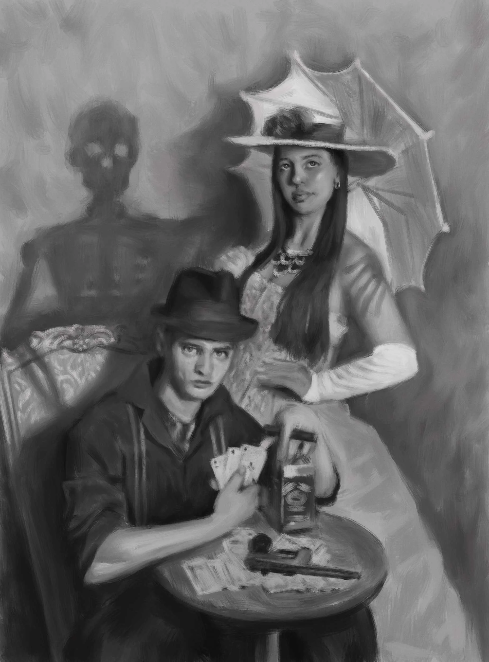 Halloween themed portrait of 2 people standing with the shadow of death