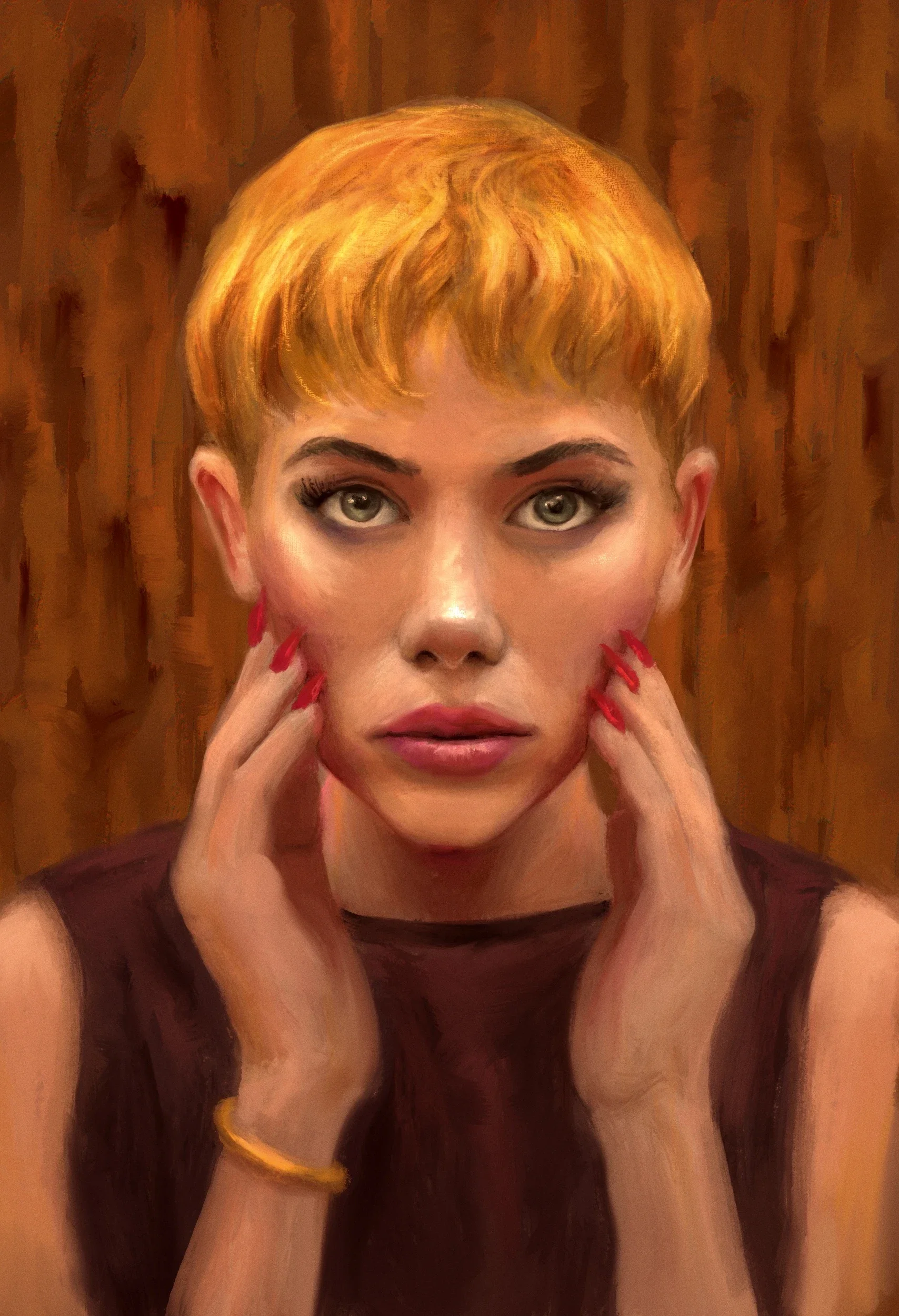 A woman with short, orange hair and gray eyes, touching her face with both hands, wearing red nail polish, a gold bracelet, and a sleeveless dark top.