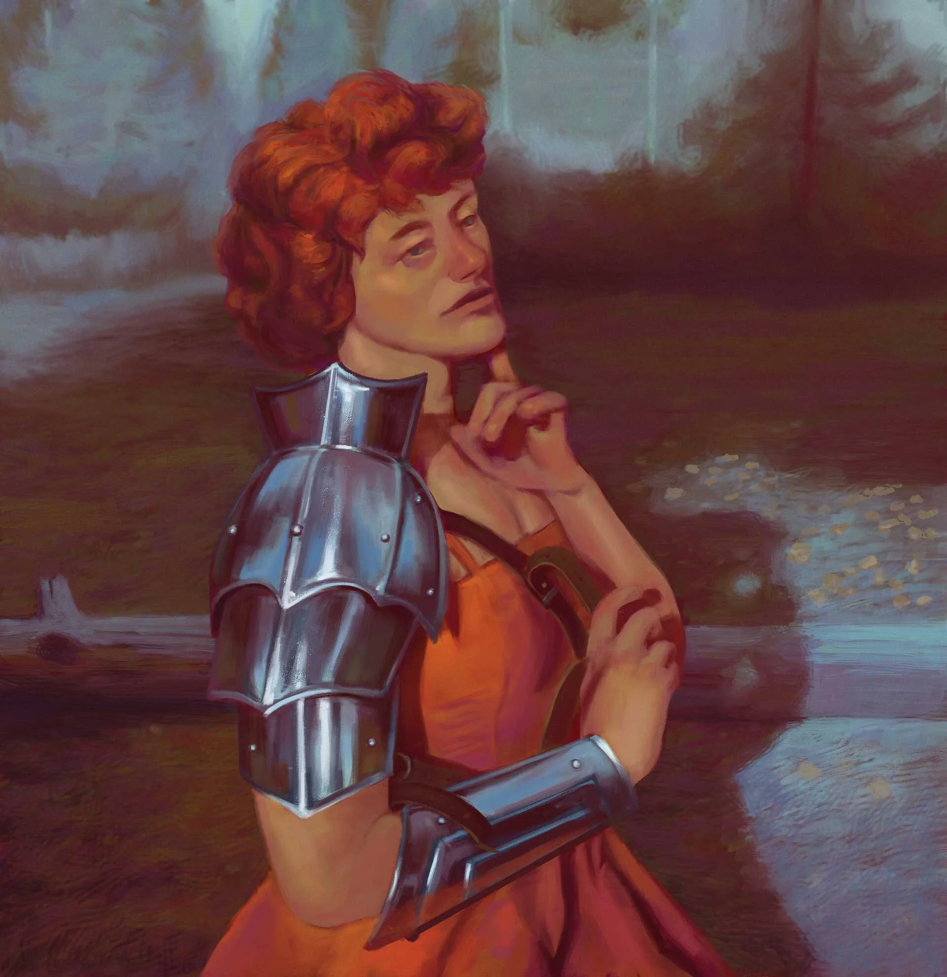 stylised medieval knight with androgynous appearance with armour and orange hair