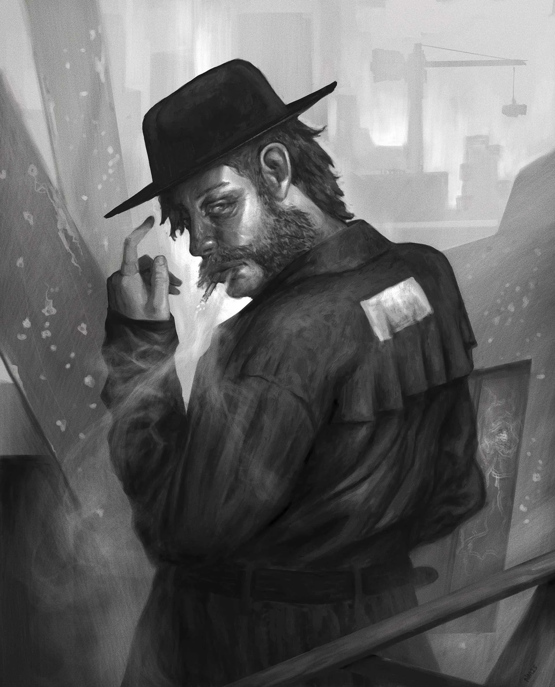disco elysium harry dubois character art from video game in black and white noir style