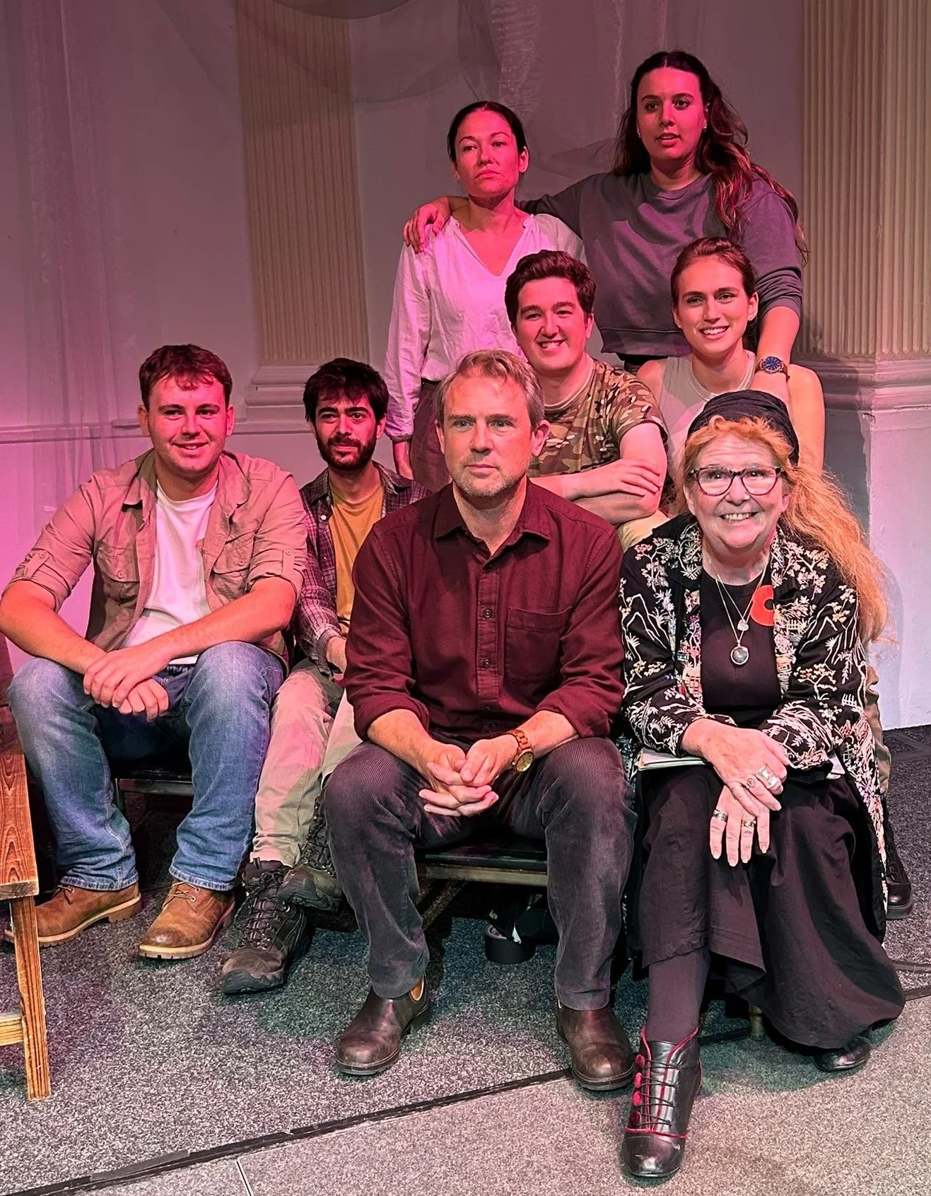 Owen Sheers (centre) with director Kitty Muffet (right) and the cast of Pink Mist