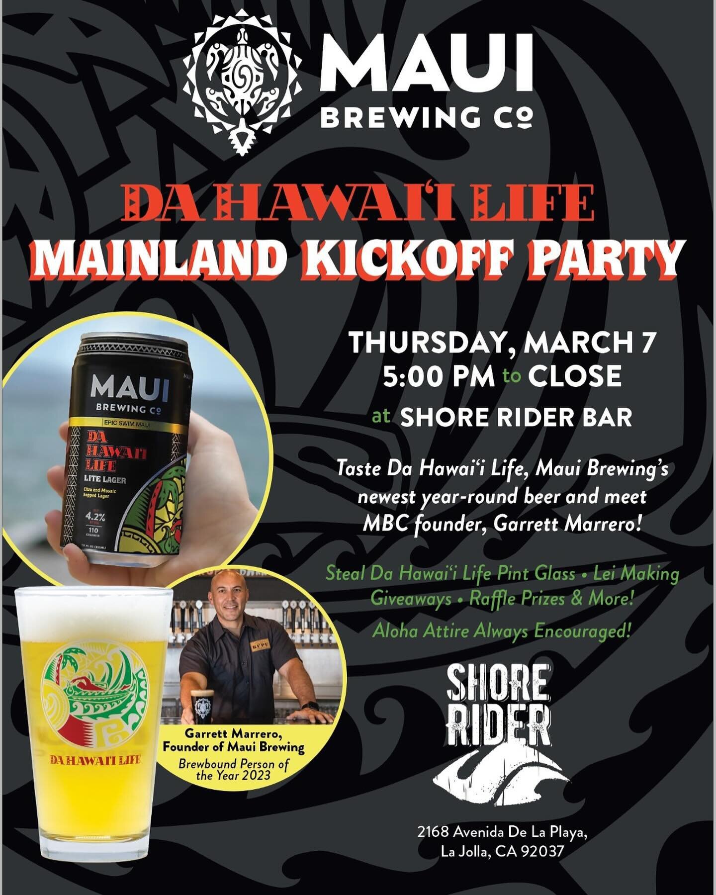 Join us for a very special Pint Night this Thursday at 5pm with @mauibrewingco Founder, Garrett Marrero and taste the newest Maui brew, &ldquo;Da Hawai&rsquo;i Life&rdquo; for $5 and keep the pint! 🌺🍻 raffles, lei making, and island vibes included!