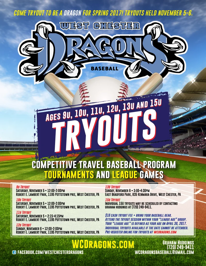 West Chester Dragons Travel Baseball Tryouts for Spring 2017 Teams