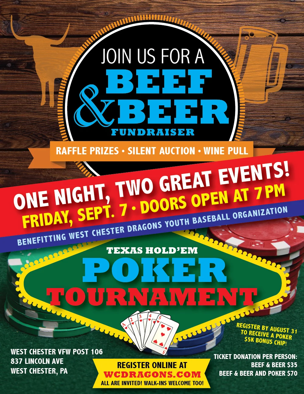 West Chester Dragons Beef & Beer and Texas Hold'Em Poker Tournament flyer
