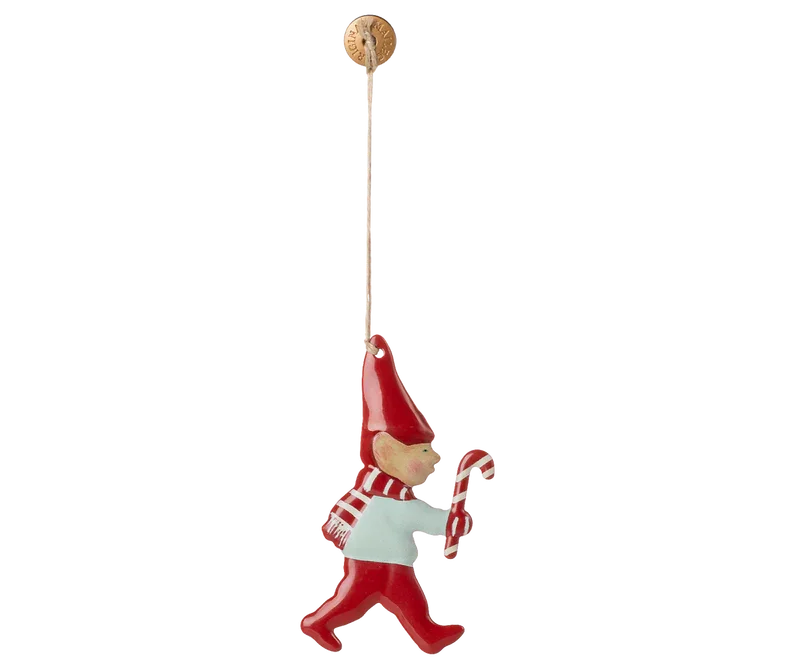 Elf with Sugar Cane Metal Ornament