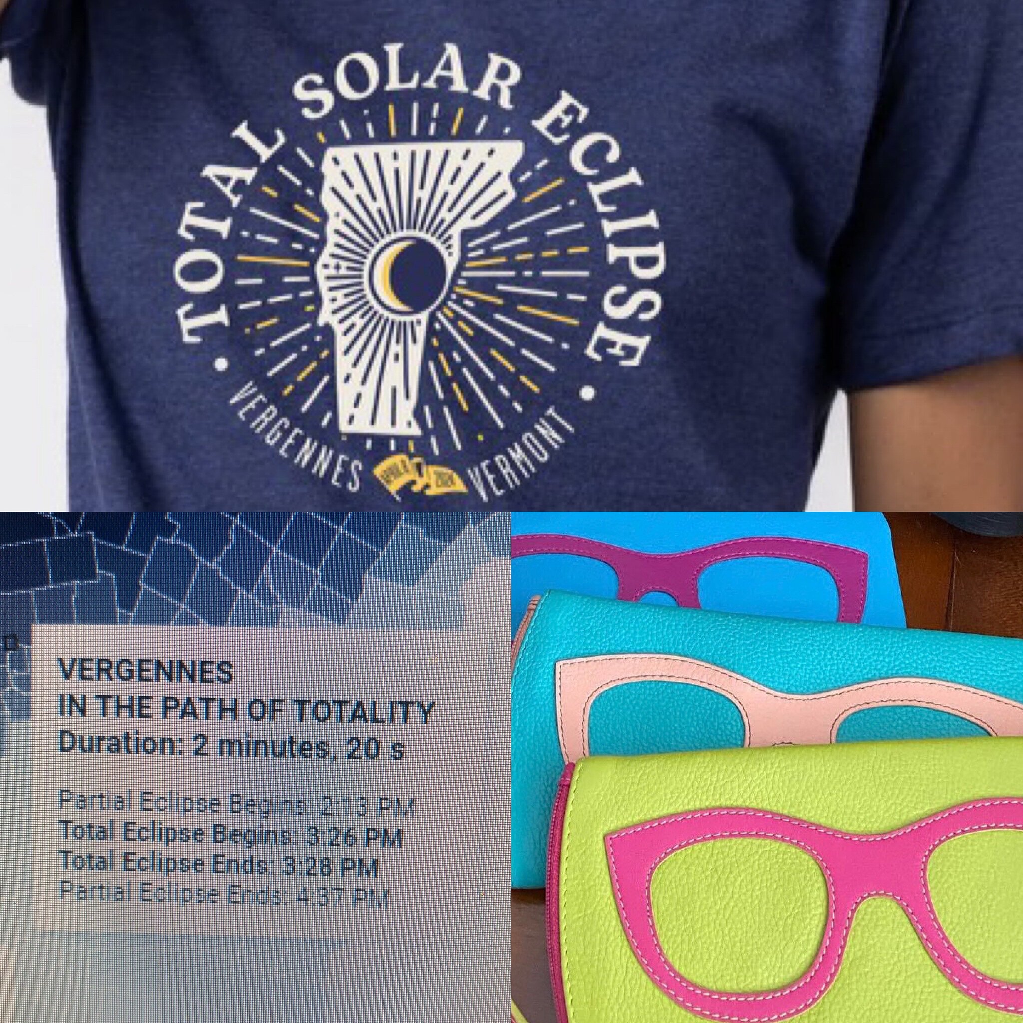 More ECLIPSE readiness alerts! 2 minutes, 20 seconds in Vergennes on 4/8. Sunglass cases at @lilyboutiquevergennes TODAY! Then ease on down to @lindasapparel and snag a limited edition Eclipse t-shirt designed by VUHS alum, Pete Mailloux! @little.pep