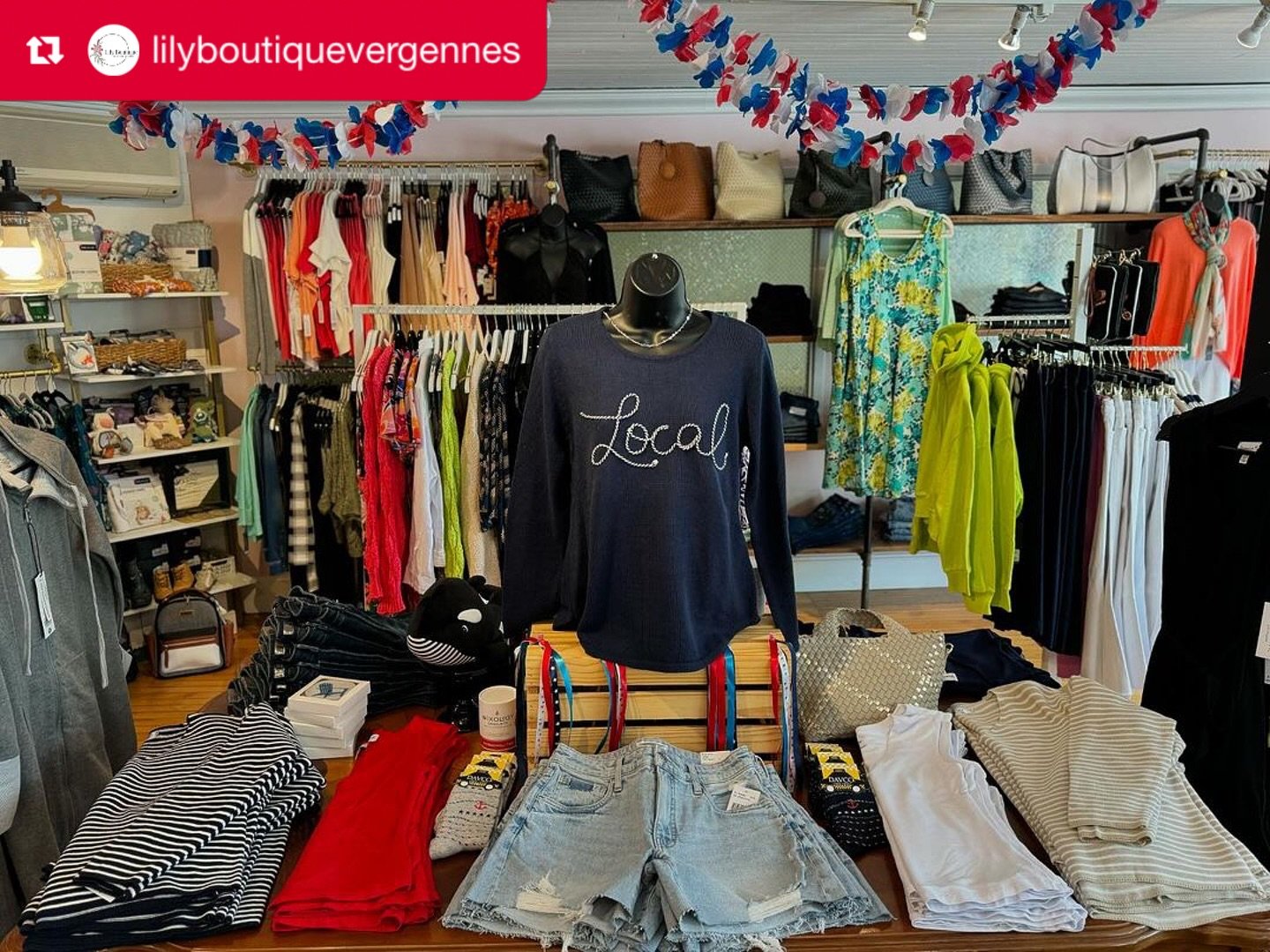@lilyboutiquevergennes has it going on the patriotic fashion front. Pop in today &amp; plan on joining others at the Memorial Day parade! 🇺🇸

Repost from @lilyboutiquevergennes
&bull;
Feeling patriotic over here with our reds, whites &amp; blues #m