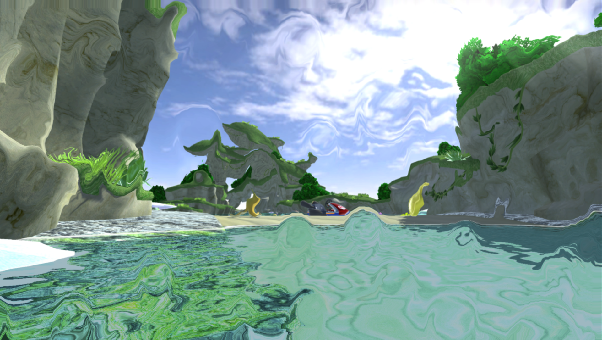  Whenever we got out of the water, we felt something was missing. It felt plain and unrealistic.  Our aproach was to create an effect that was also unrealistic but eliminated the plaininess of getting out of the water and seeing nothing.  I created a