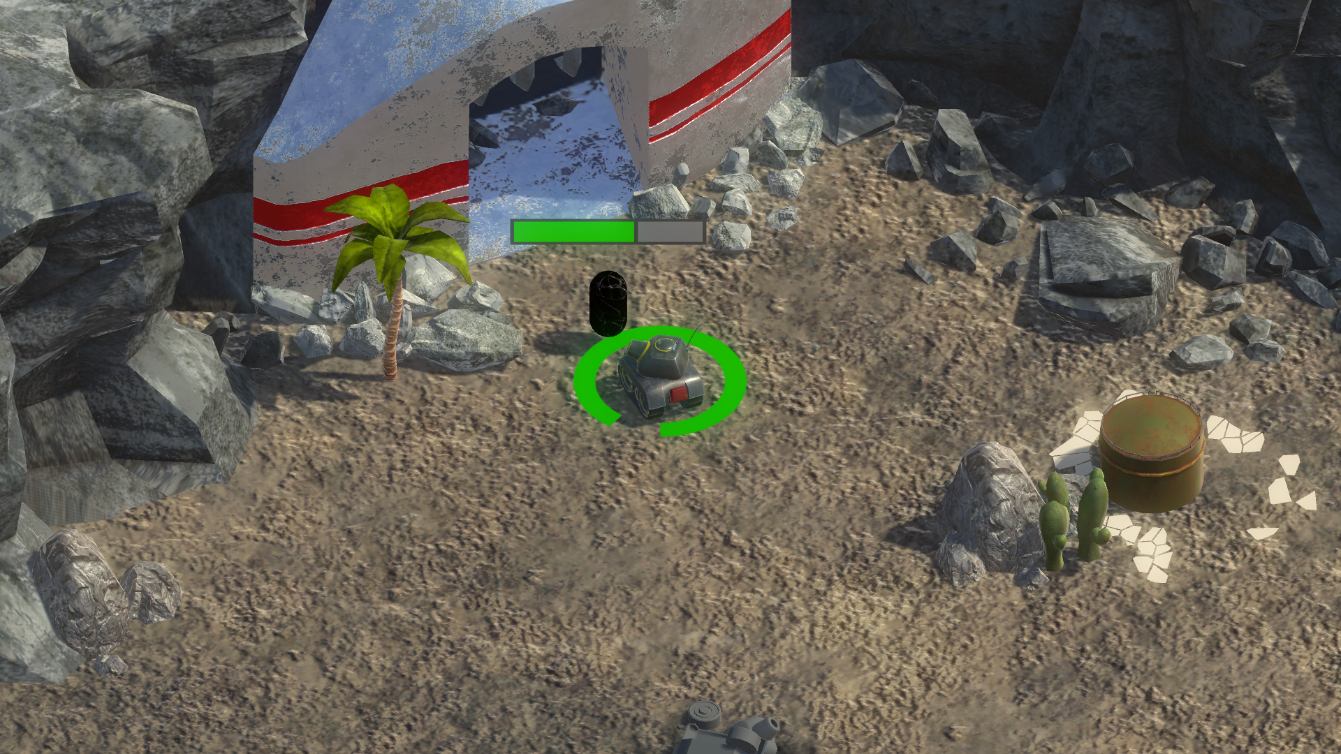  I programmed an interaction system that consisted in 3 things:  - An interactable Object Shader (Rim/Fresnel), that turned on if the tank got near enough, and a worldspace canvas that appeared when you got at interactable distance, telling you which