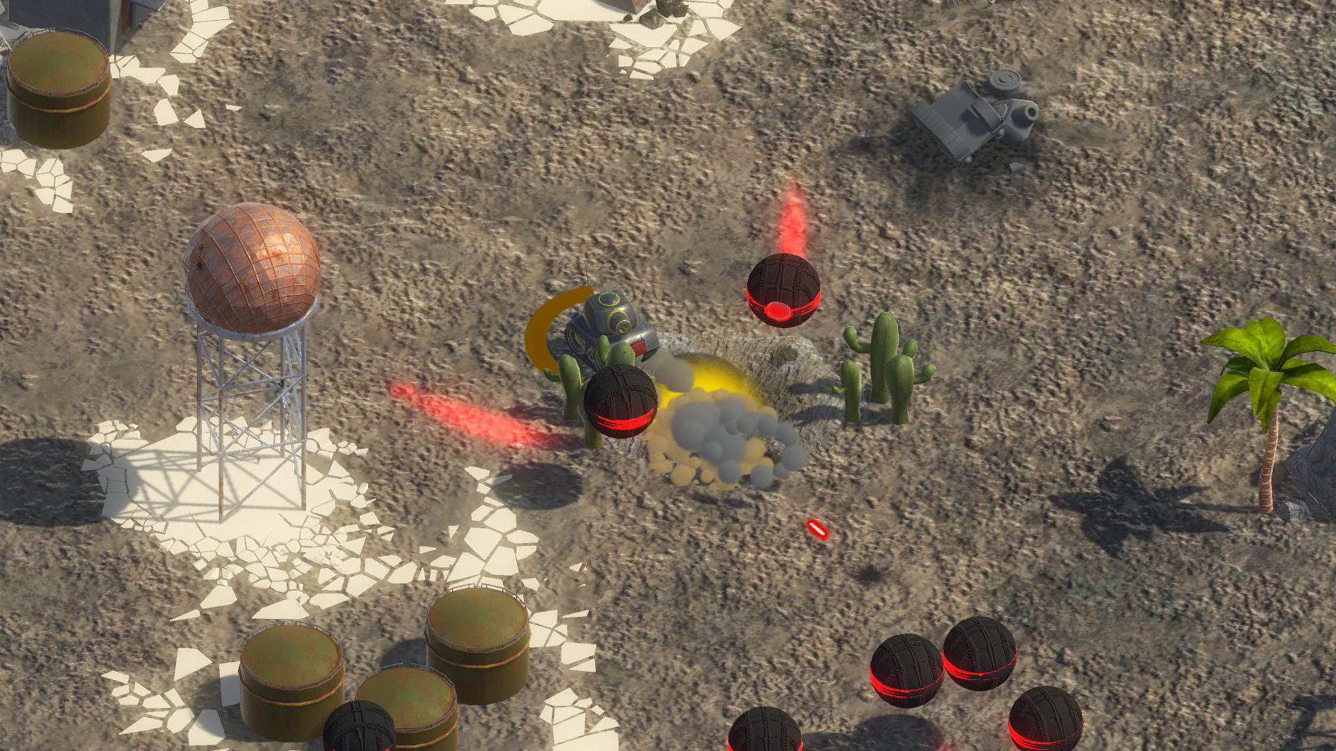  The bullets produce particles and decals when hit on static objects and just particles when hit on dynamic objects. Also, the bullets, decals, enemy bullets and enemy drones are Object Pooled for better performance.  The enemies change the emissive 