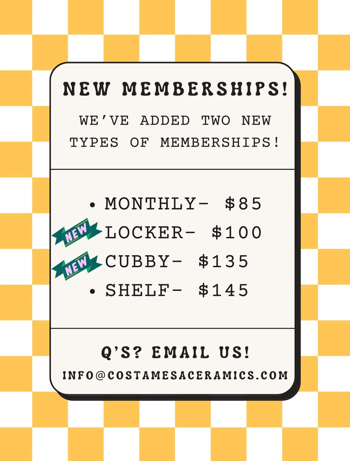 🚀 Two new memberships have just landed! ⭐️ More info coming to our website soon. In the meantime shoot us an email if you have any questions or swing by the studio Tuesdays-Sundays 12-5:30pm to sign up in person
👽 Memberships start at the beginning