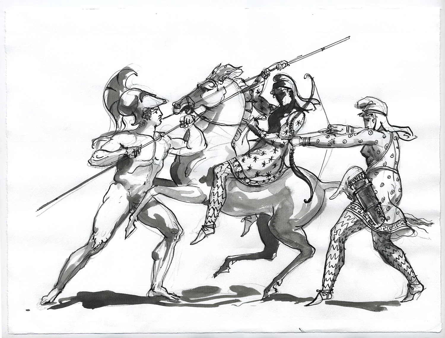 Theseus, Hippolyta and Deinomache (after Henry Moses) 2016, Ink and wash on paper, 9 1/2” x 12 3/4” © Leonard Porter MMXVI