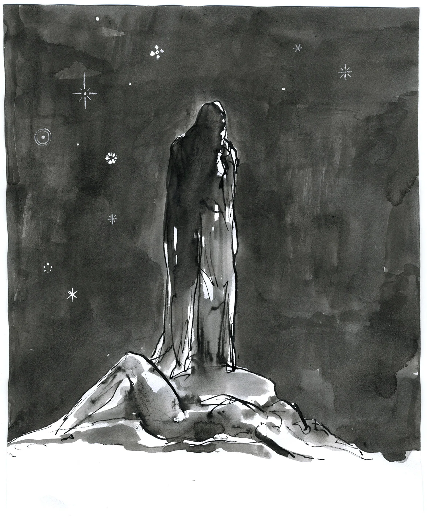 Antigone and Polynices 2016, Ink and wash on paper, 8 1/2” x 7” © Leonard Porter MMXVI