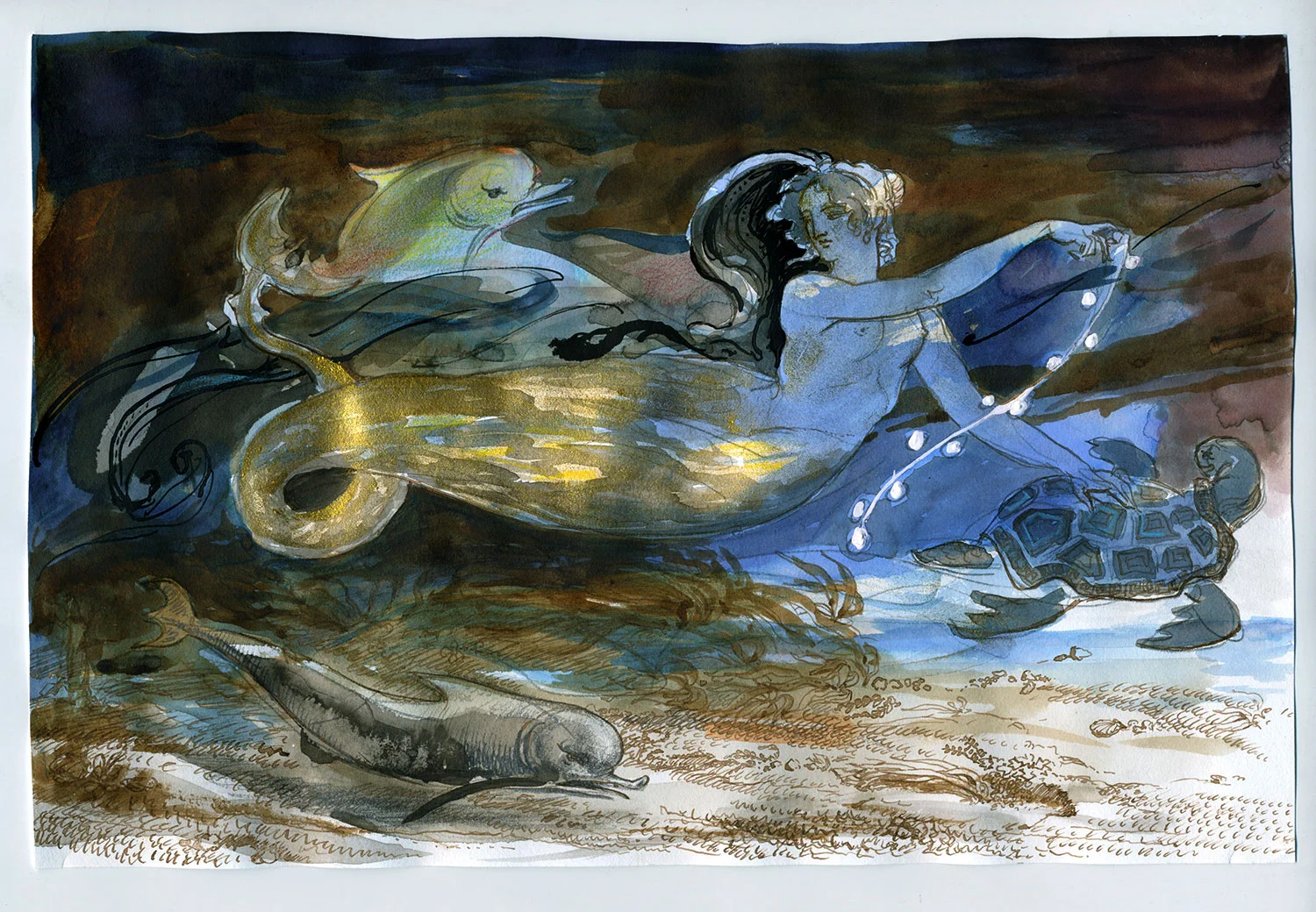 A Tritoness 2016, Ink, wash and metallic gold on paper, 7” x 10 1/2” © Leonard Porter MMXVI