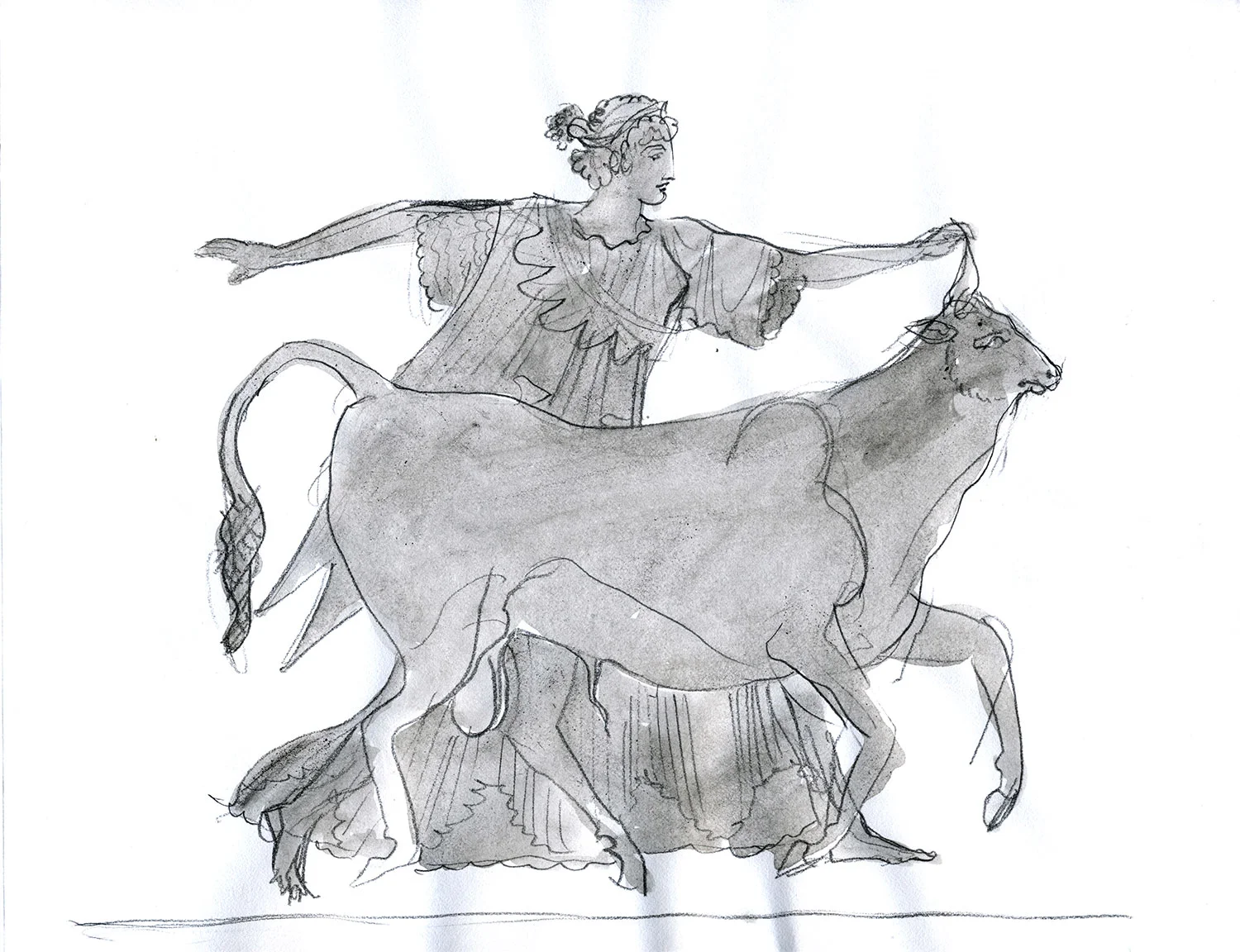 Europa (After the Berlin Painter) 2015, Ink and pencil on paper, 8 1/2” x 11” © Leonard Porter MMXV