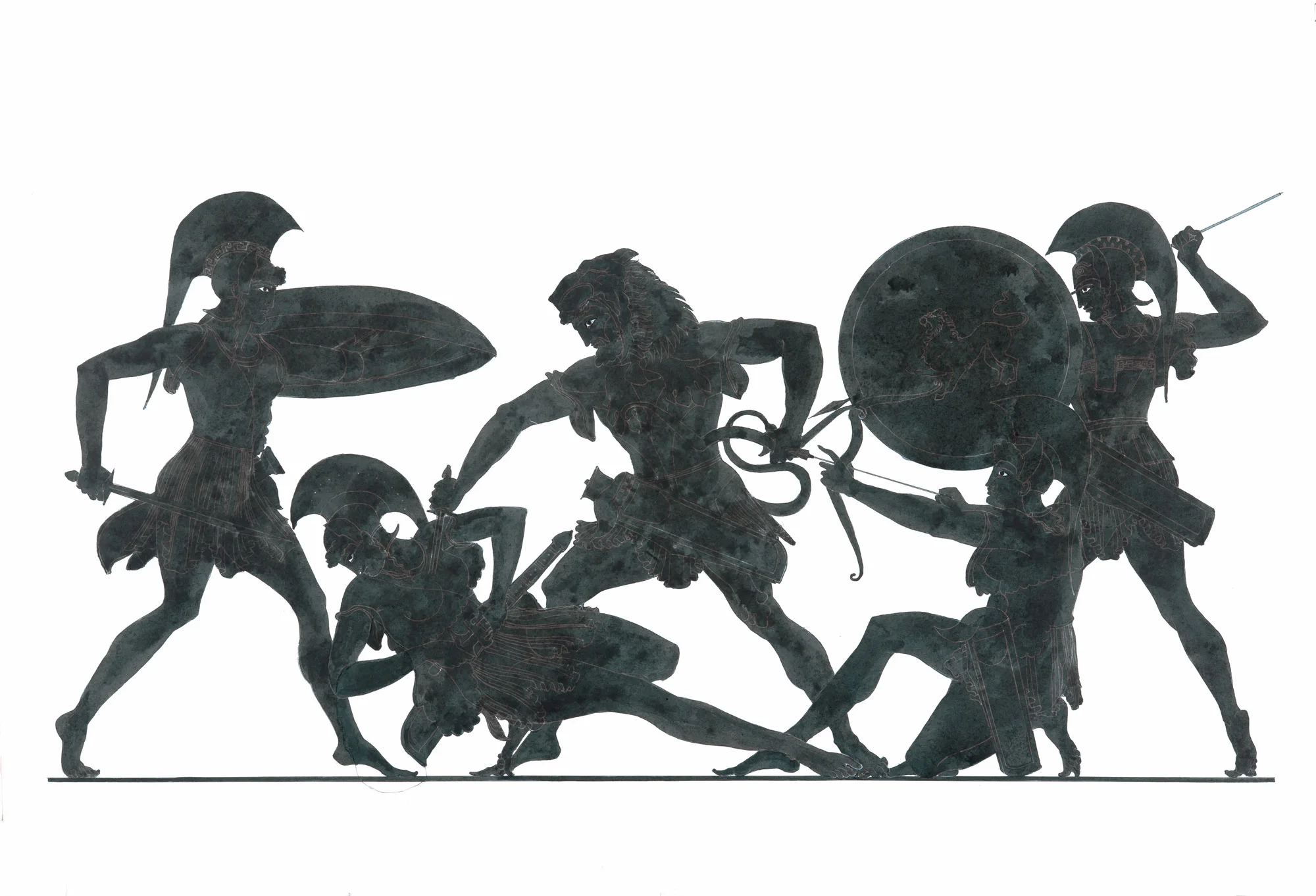 Herakles and Amazons (after Douris) 2017, Ink on paper, 18" x 28" © Leonard Porter MMXVII