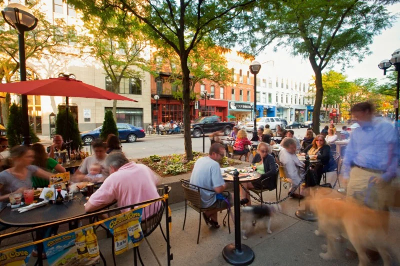 European style, wide sidewalks -- community space. Not a thoroughfare for log trucks.