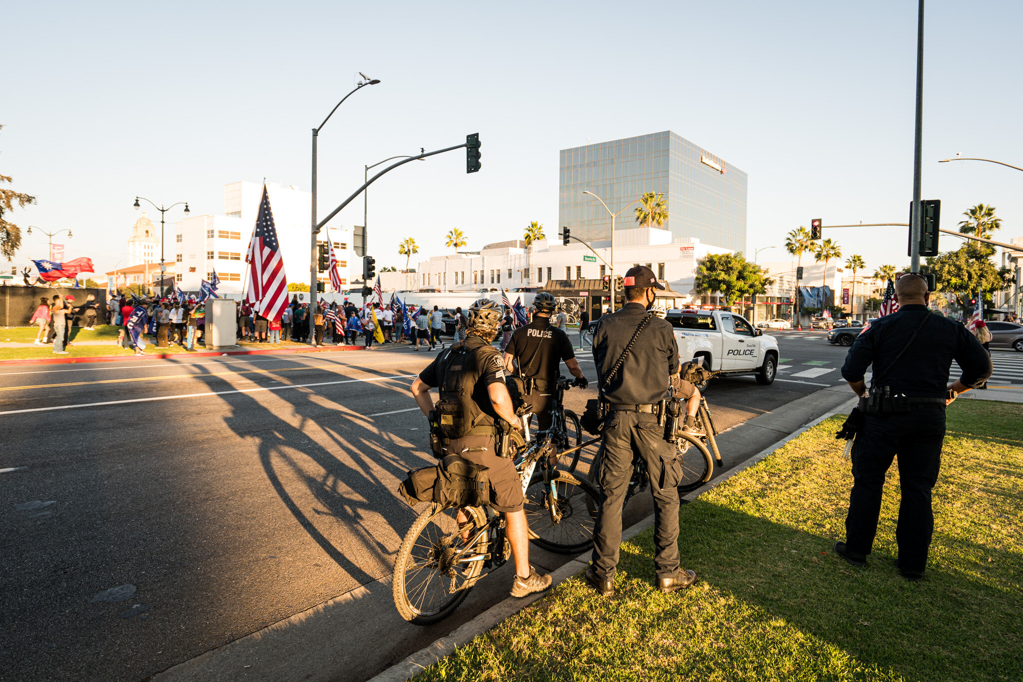  With just over twenty-four hours until election day, Trump supporters assembled in Beverly Hills, California on 11/1/2020. The group stationed themselves on Santa Monica Boulevard, and then proceeded to march down Beverly Blvd. and Rodeo Drive to sh