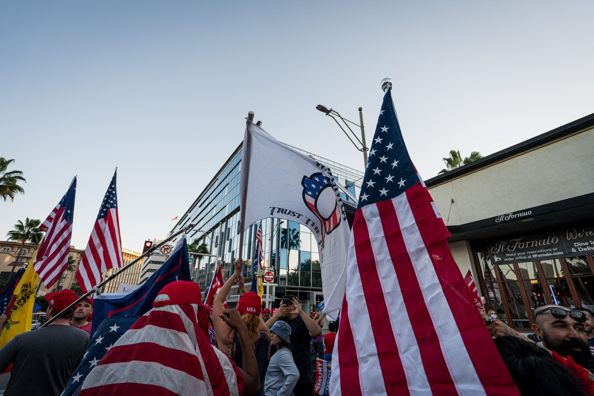  With just over twenty-four hours until election day, Trump supporters assembled in Beverly Hills, California on 11/1/2020. The group stationed themselves on Santa Monica Boulevard, and then proceeded to march down Beverly Blvd. and Rodeo Drive to sh