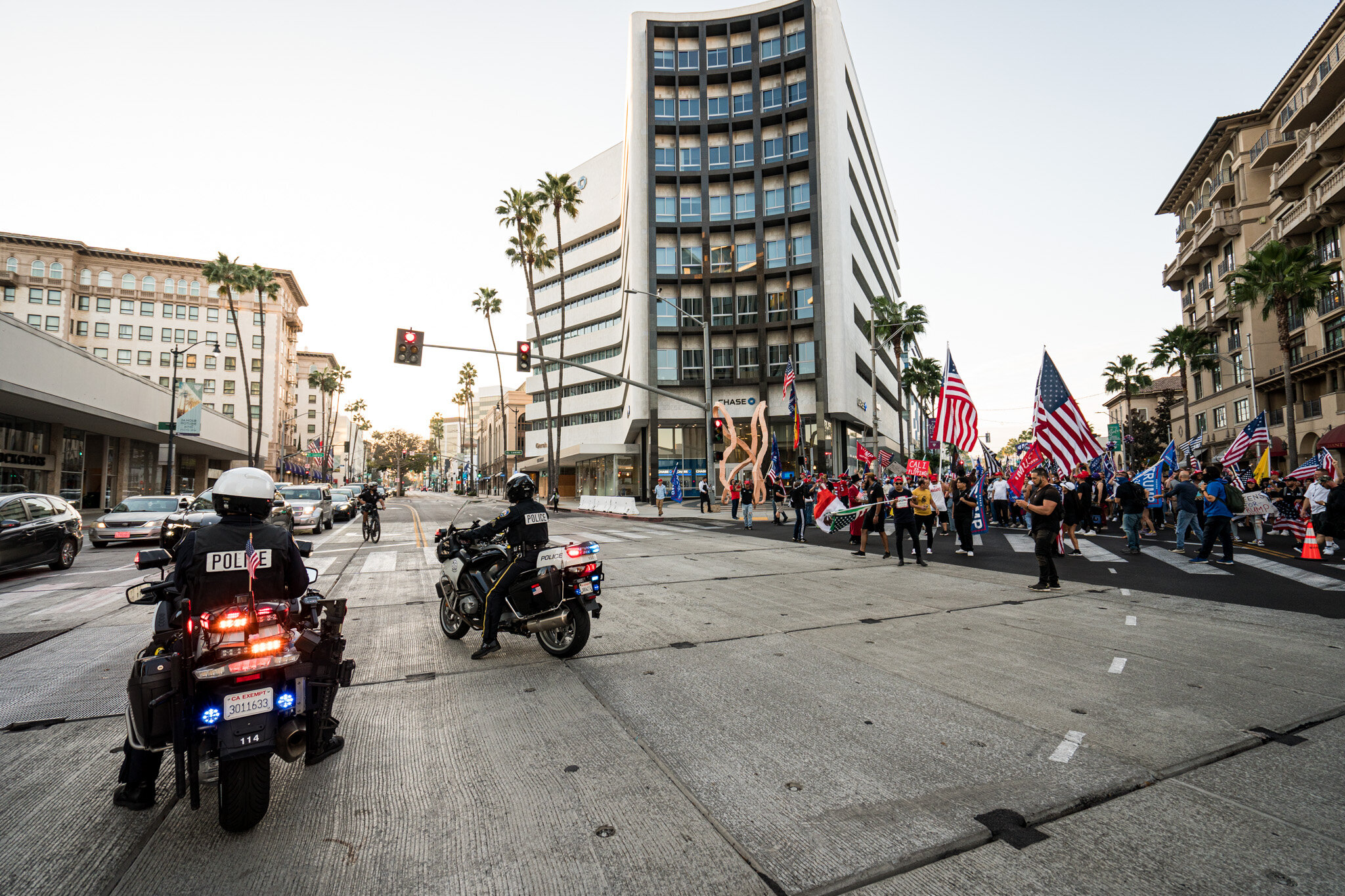  With just over twenty-four hours until election day, Trump supporters assembled in Beverly Hills, California on 11/1/2020. The group stationed themselves on Santa Monica Boulevard, and then proceeded to march down Beverly Blvd. and Rodeo Drive to sh