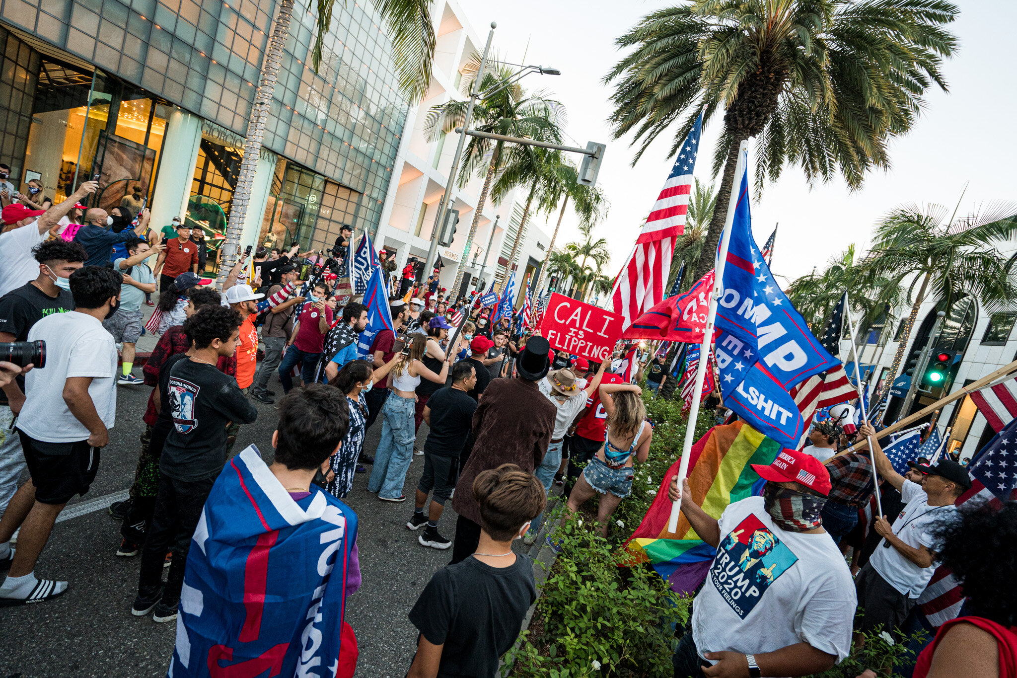  With just over twenty-four hours until election day, Trump supporters assembled in Beverly Hills, California on 11/1/2020. The group stationed themselves on Santa Monica Boulevard, and then proceeded to march down Beverly Blvd. and Rodeo Drive to sh