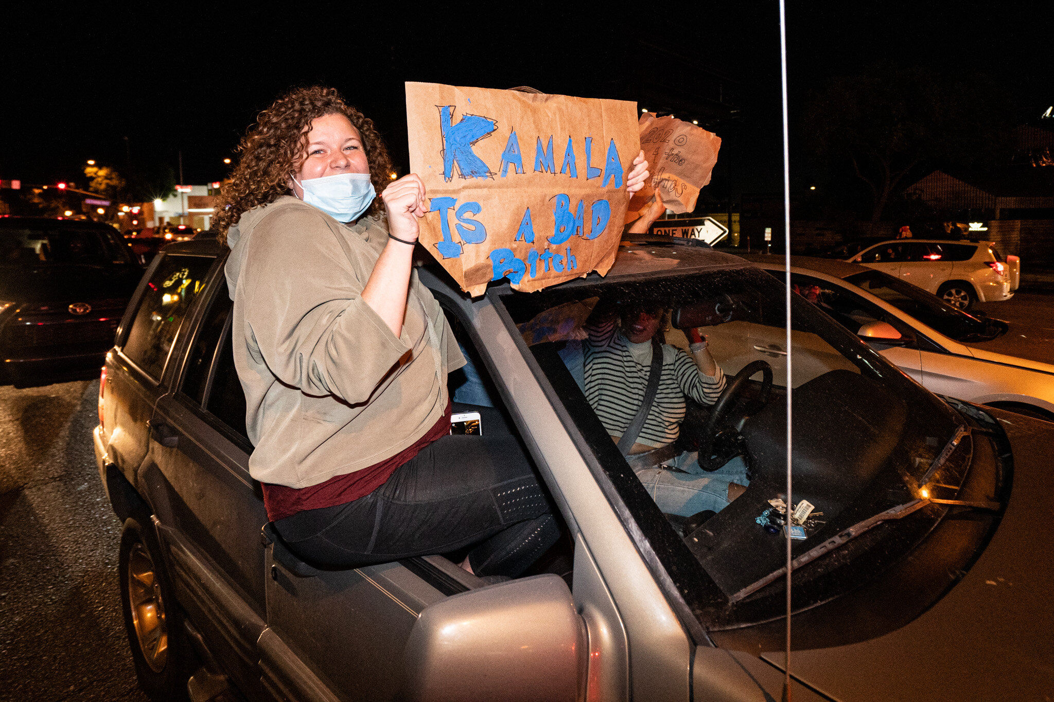  Angelenos take to the streets in West Hollywood, California, to celebrate the 2020 Presidential Election Results on November 7, 2020. 