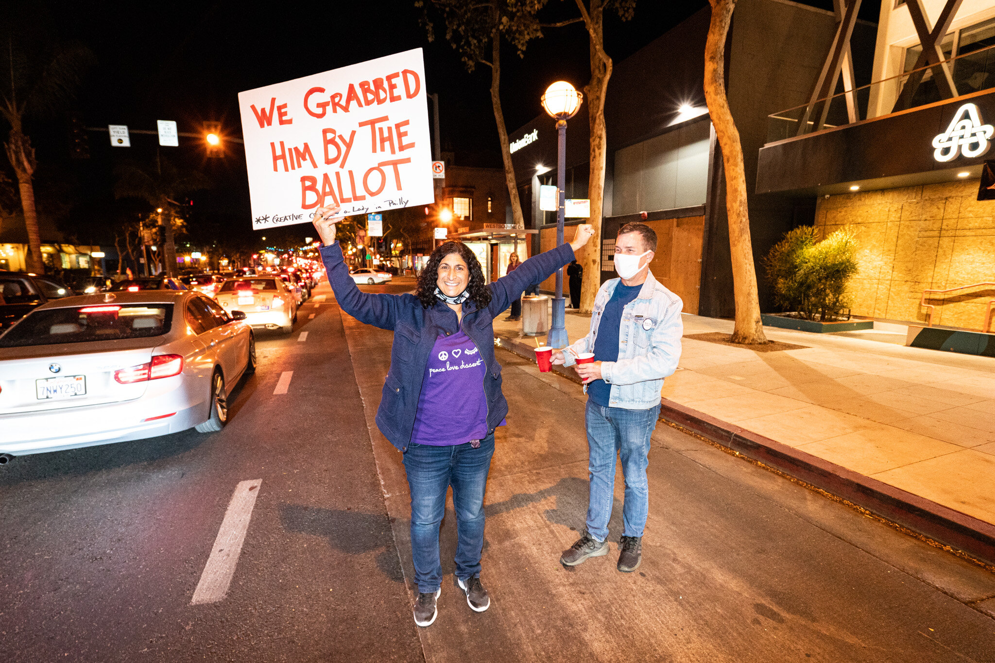  Angelenos take to the streets in West Hollywood, California, to celebrate the 2020 Presidential Election Results on November 7, 2020. 