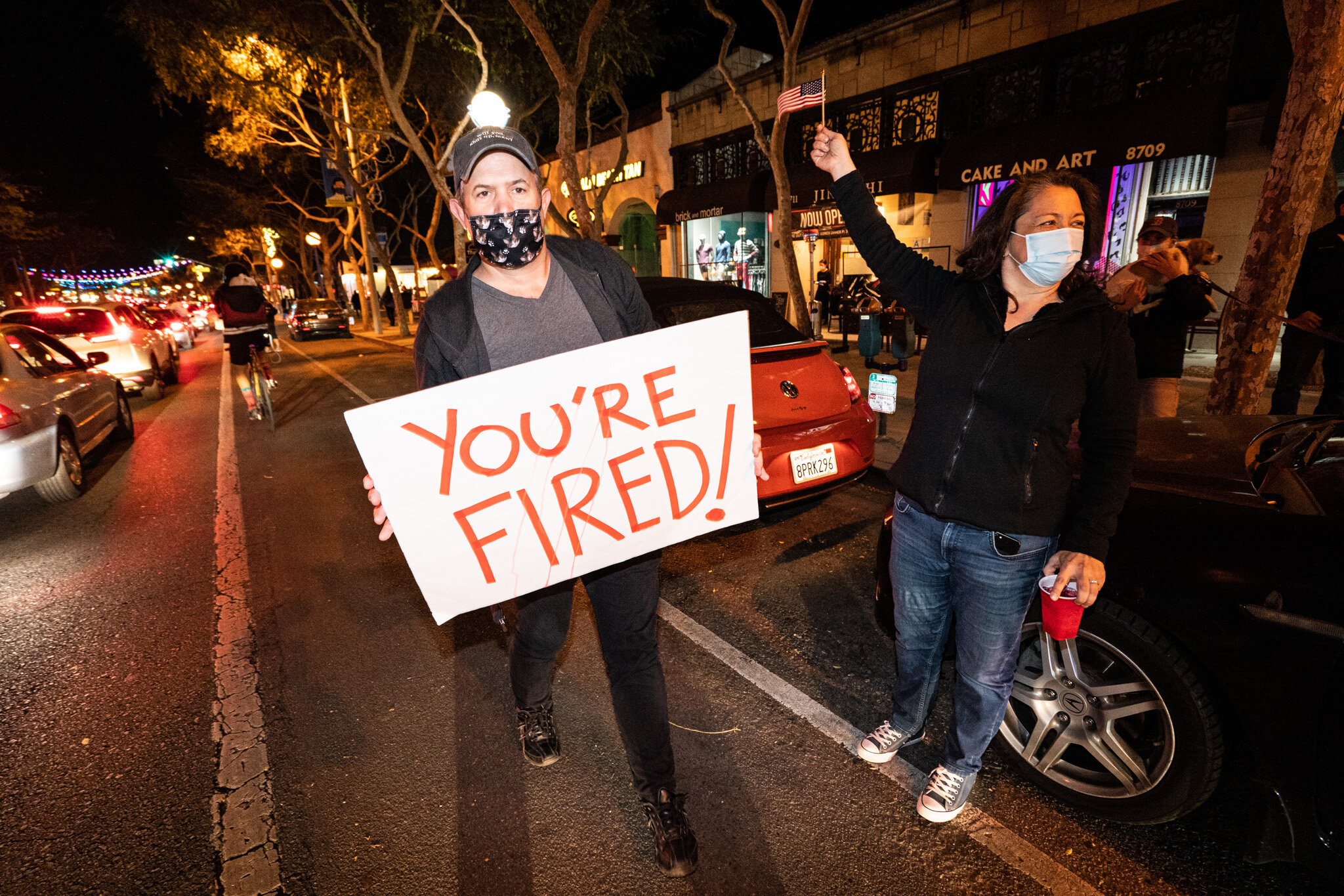  Angelenos take to the streets in West Hollywood, California, to celebrate the 2020 Presidential Election Results on November 7, 2020. 