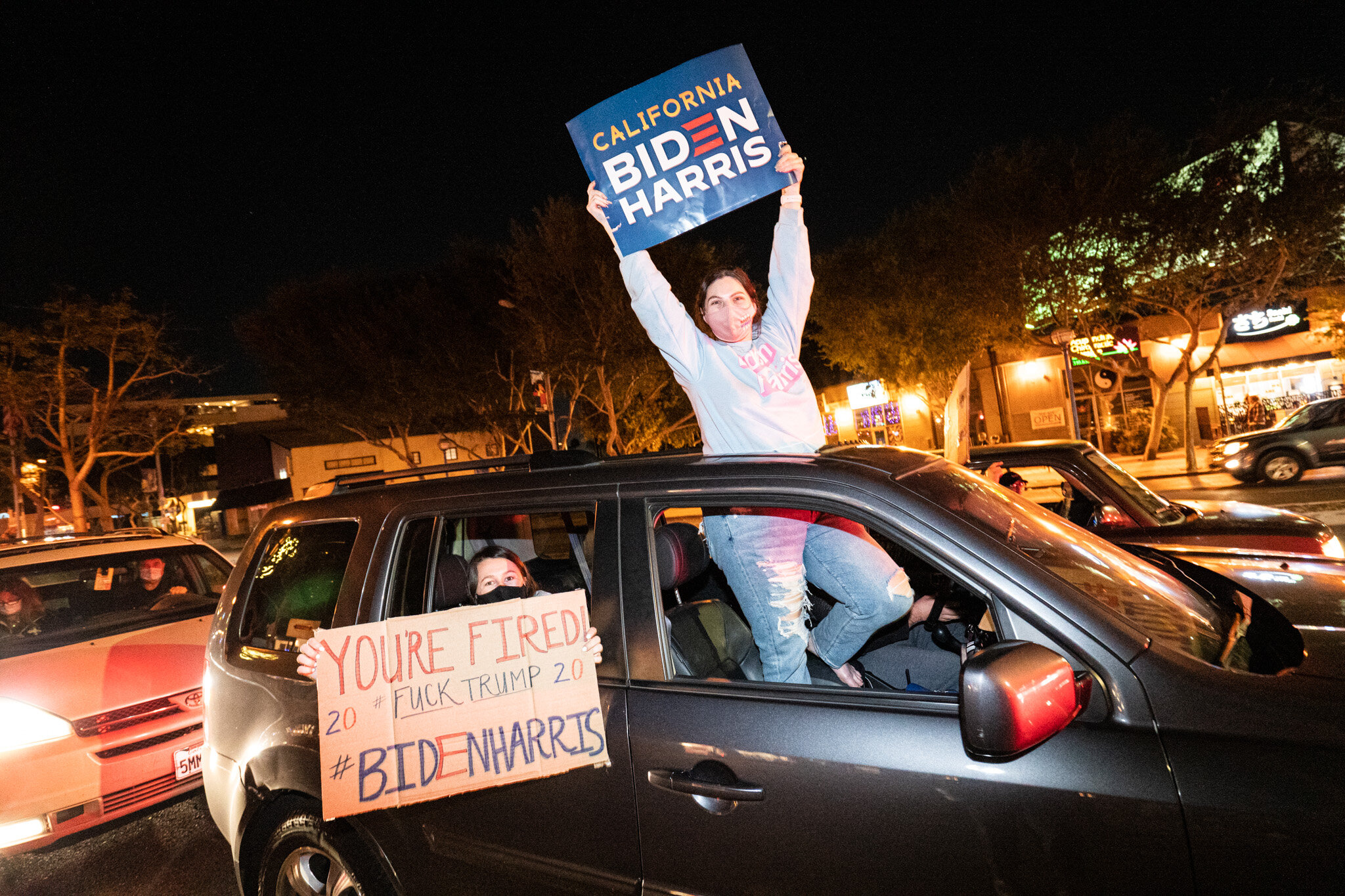  Angelenos take to the streets in West Hollywood, California, to celebrate the 2020 Presidential Election Results on November 7, 2020. 