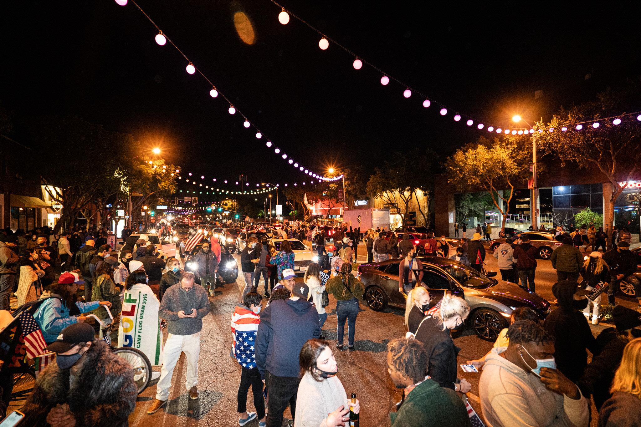  Angelenos take to the streets in West Hollywood, California, to celebrate the 2020 Presidential Election Results on November 7, 2020. 