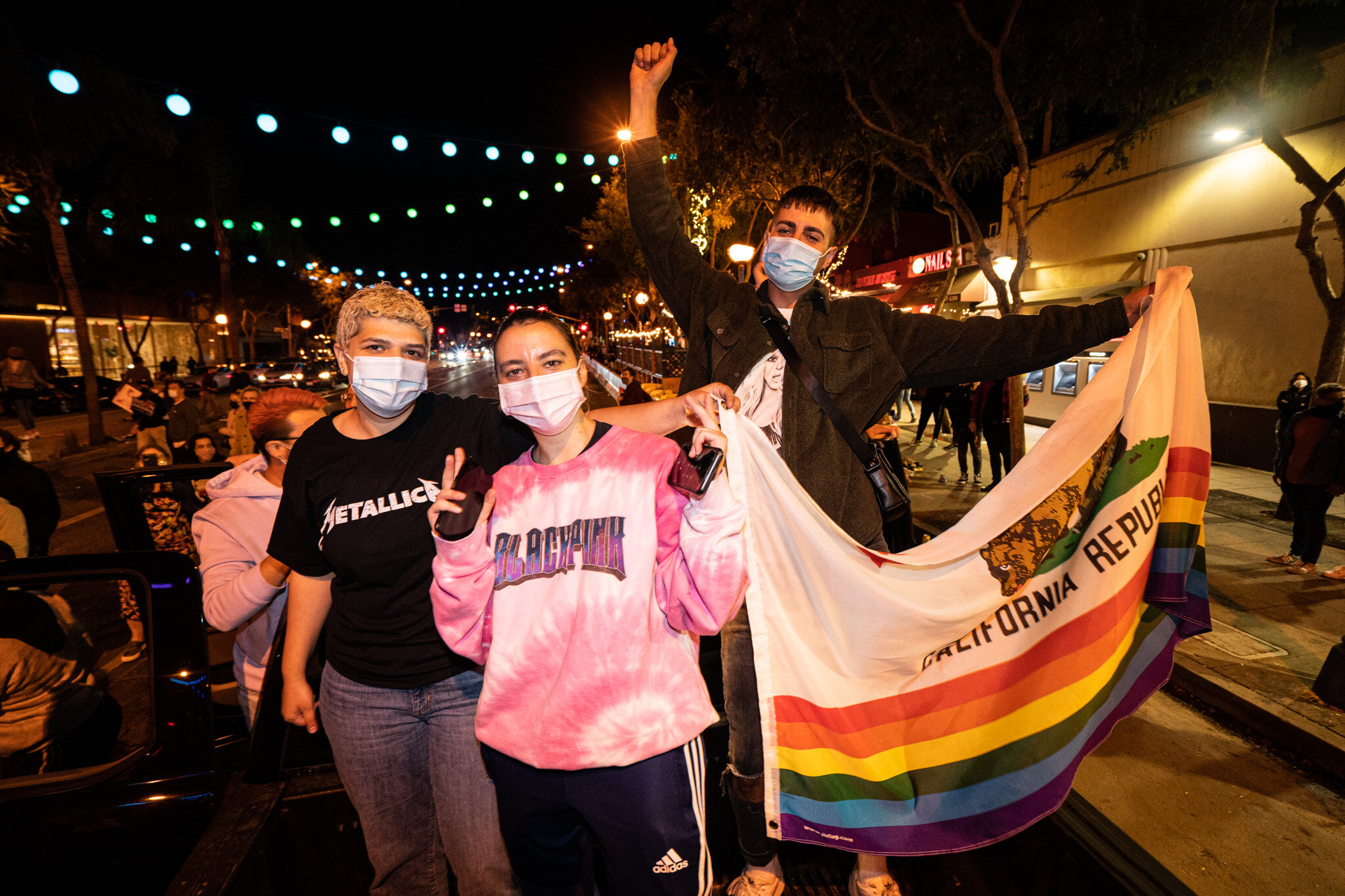  Angelenos take to the streets in West Hollywood, California, to celebrate the 2020 Presidential Election Results on November 7, 2020. 